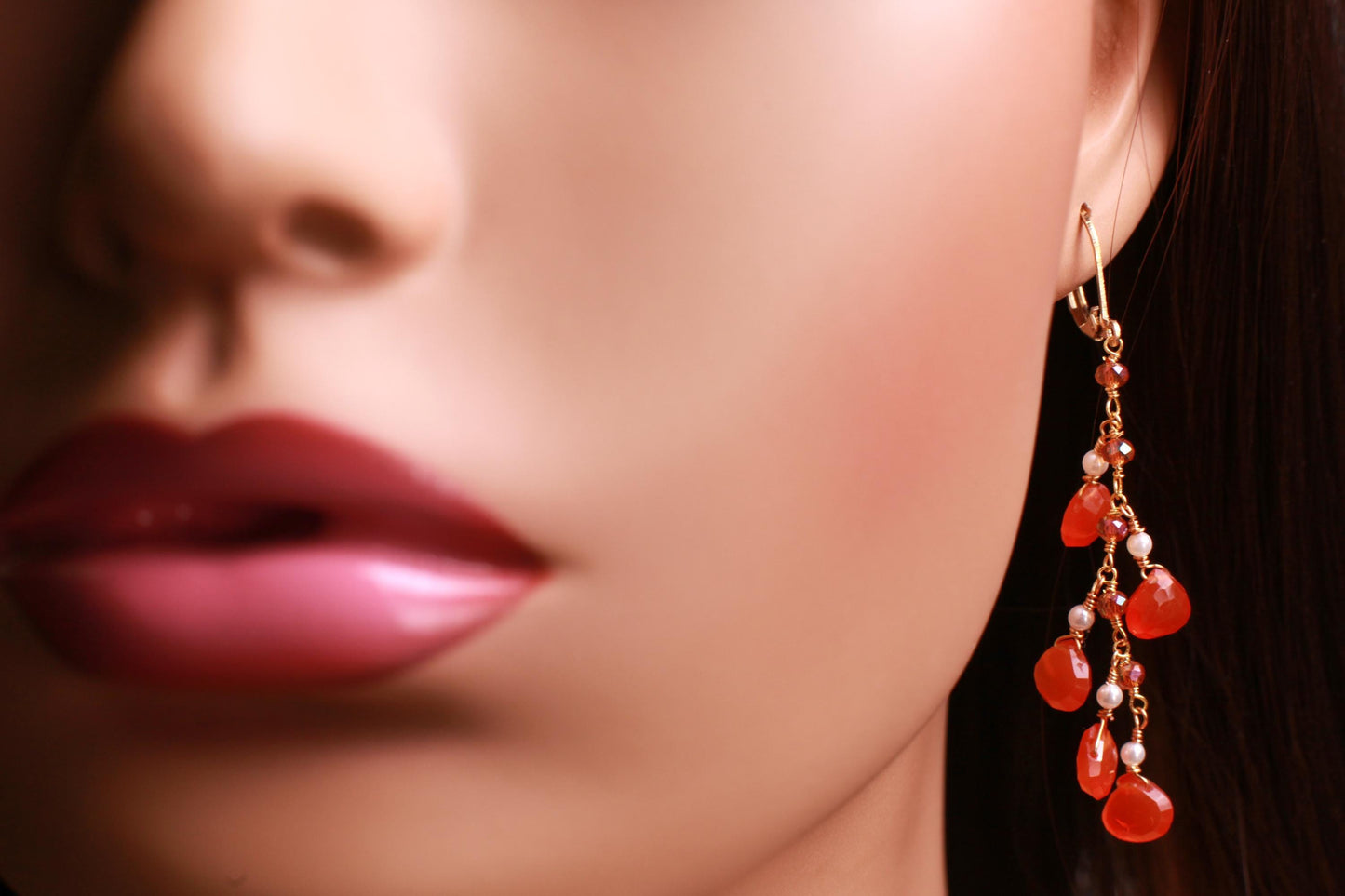 Natural Carnelian orange 7mm Heart shape faceted Cascade dangling freshwater pearl spacers handmade 18K Gold Vermeil earring 925 stamped