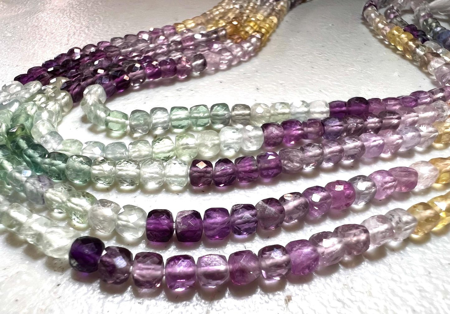 Natural Rainbow Fluorite Faceted Square Cube 4.5mm jewelry making beautiful beads blue purple yellow teal green 12” strand