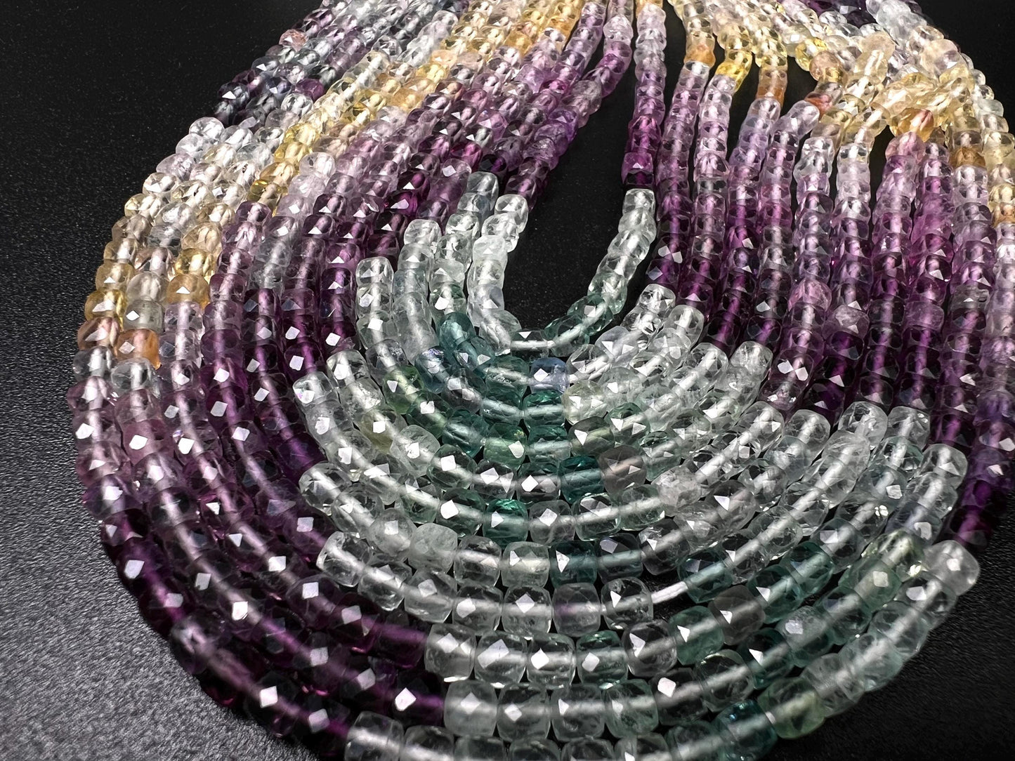 Natural Rainbow Fluorite Faceted Square Cube 4.5mm jewelry making beautiful beads blue purple yellow teal green 12” strand