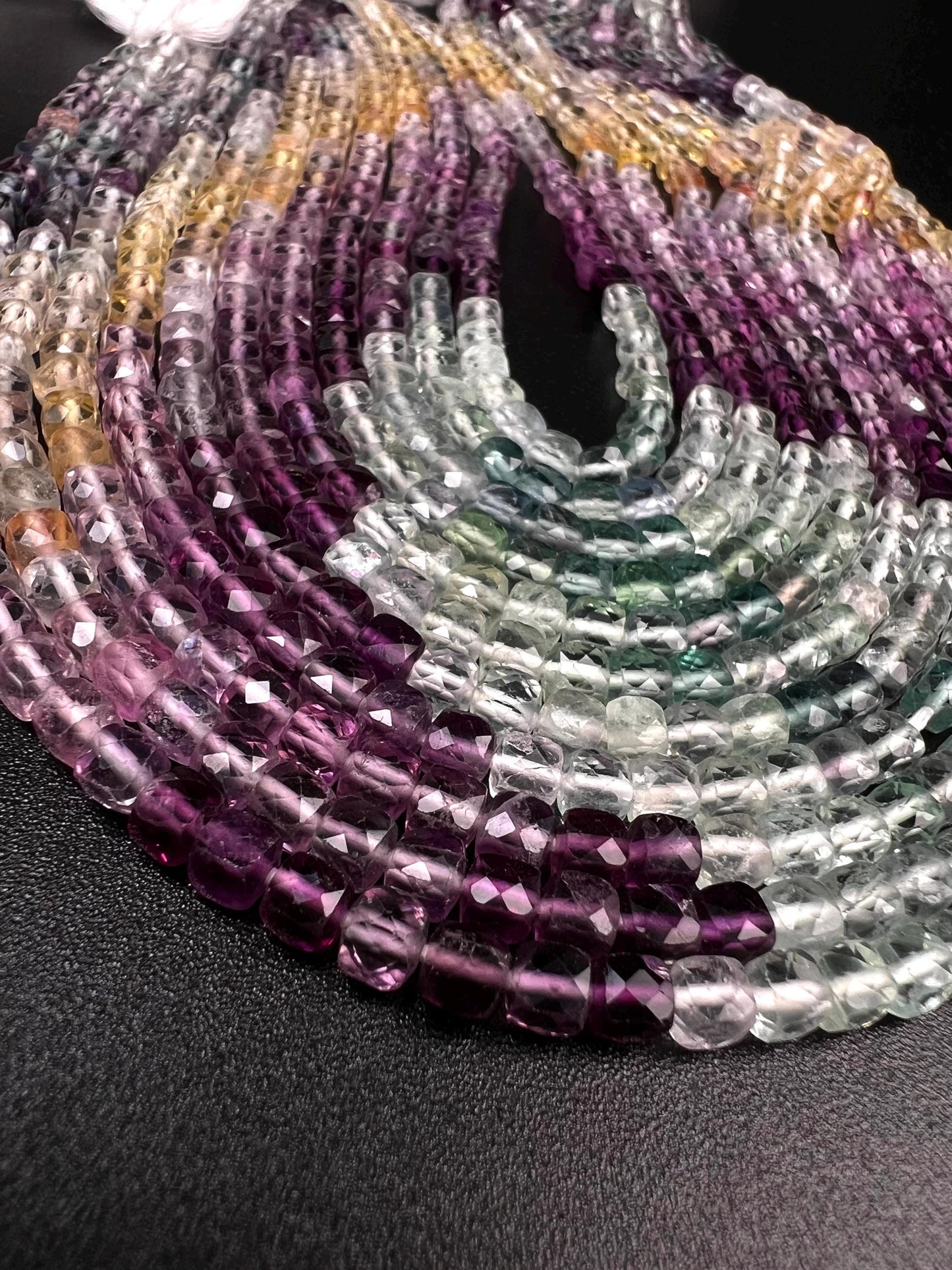 Natural Rainbow Fluorite Faceted Square Cube 4.5mm jewelry making beautiful beads blue purple yellow teal green 12” strand