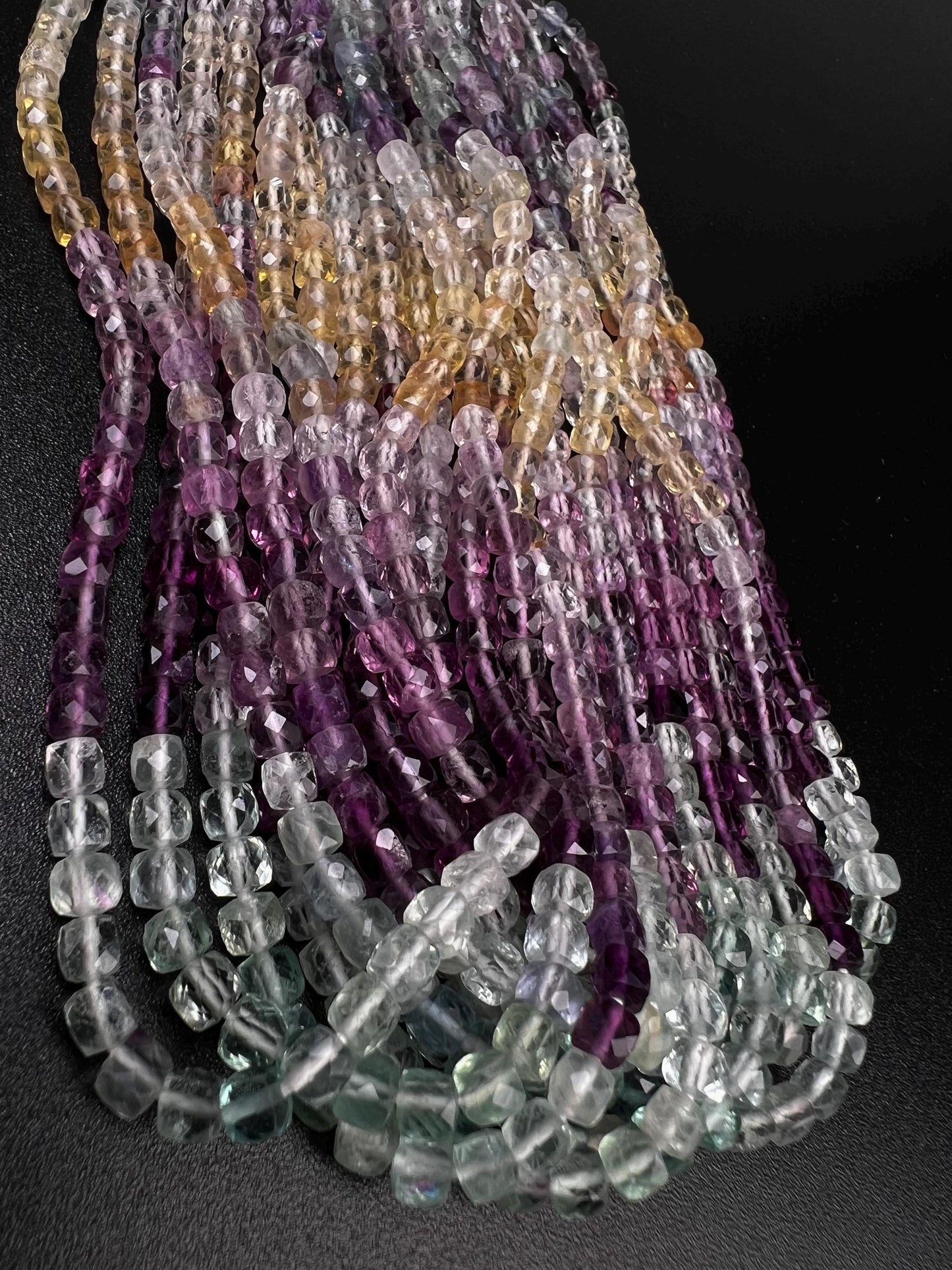 Natural Rainbow Fluorite Faceted Square Cube 4.5mm jewelry making beautiful beads blue purple yellow teal green 12” strand