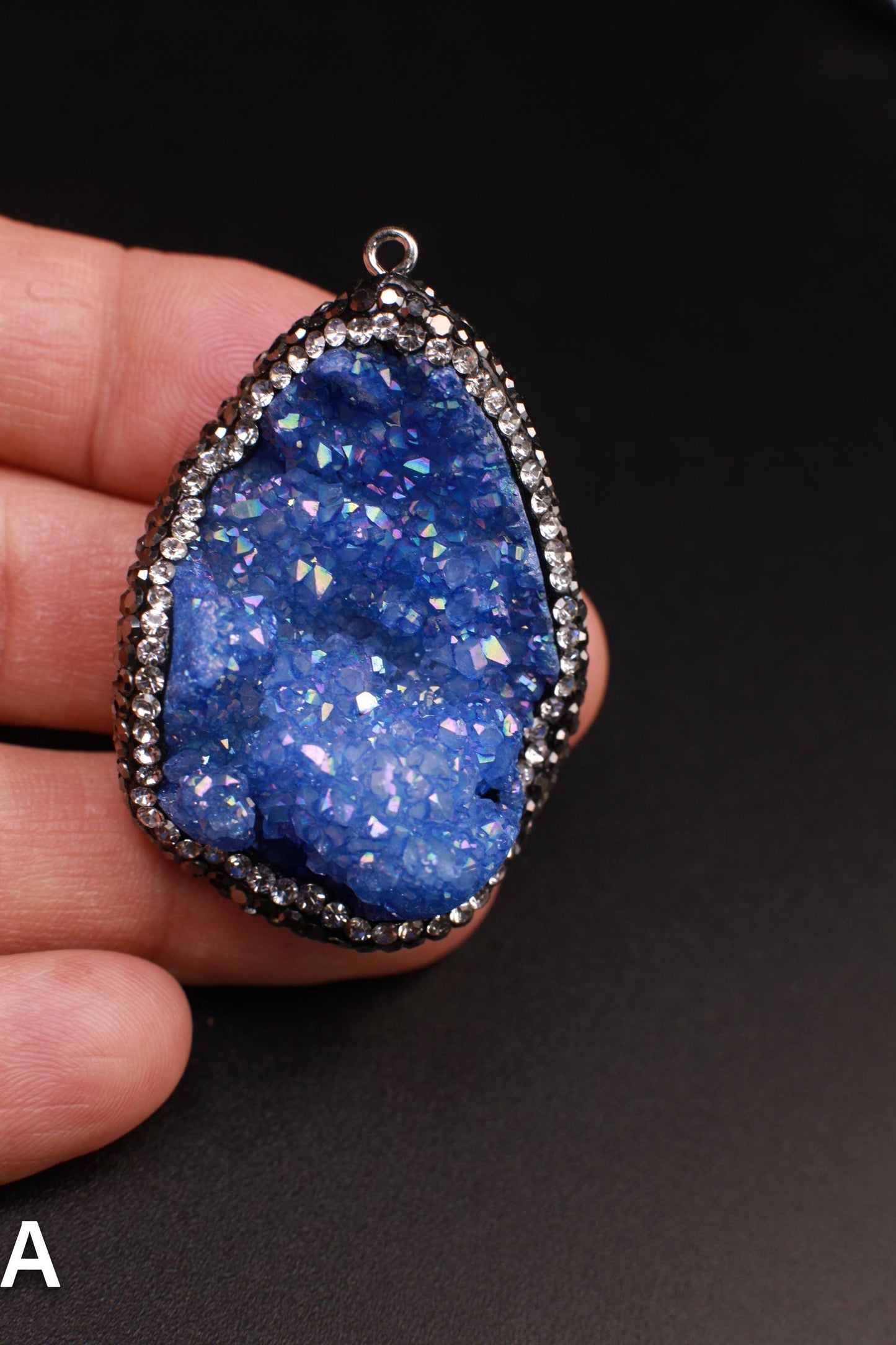 Natural Druzy Agate Auroa Borealis Blue Geode Pendant 36x48mm Handmade Rhinestone and Lapis Gemstone Chain Oxidized Sterling Silver Necklace