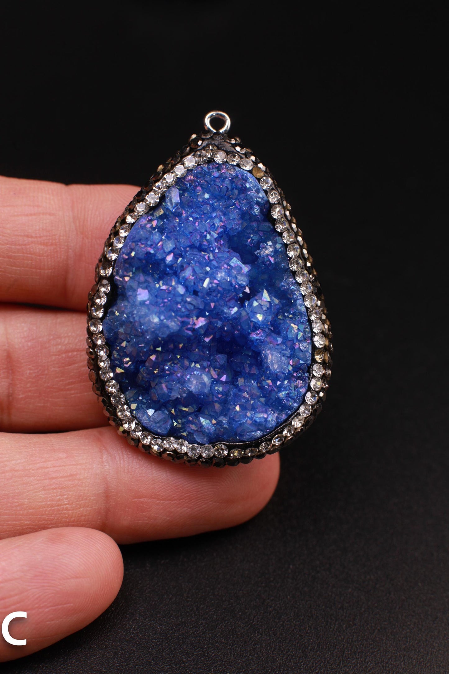 Natural Druzy Agate Auroa Borealis Blue Geode Pendant 36x48mm Handmade Rhinestone and Lapis Gemstone Chain Oxidized Sterling Silver Necklace