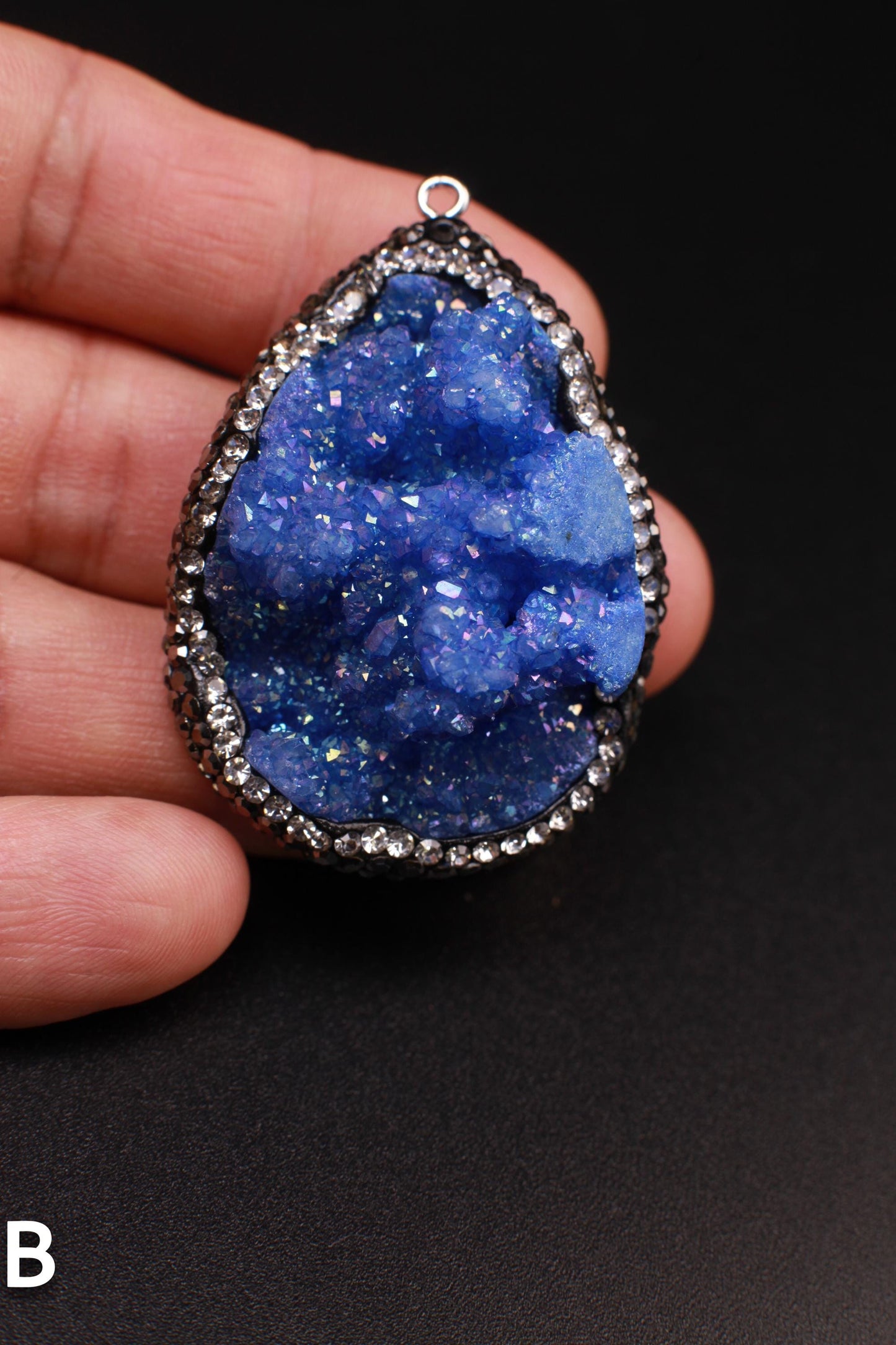 Natural Druzy Agate Auroa Borealis Blue Geode Pendant 36x48mm Handmade Rhinestone and Lapis Gemstone Chain Oxidized Sterling Silver Necklace