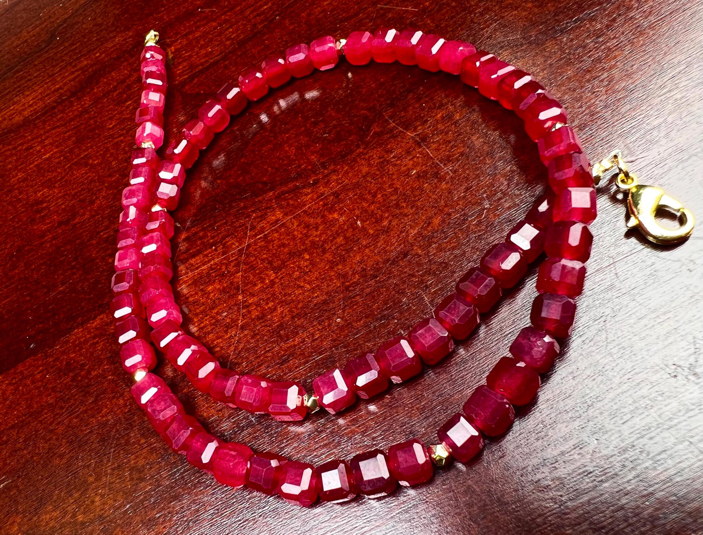 Genuine Red Spinel Faceted Square Cube 5mm Beautiful Gold Filled Necklace. Pomegranate Red Holiday gift