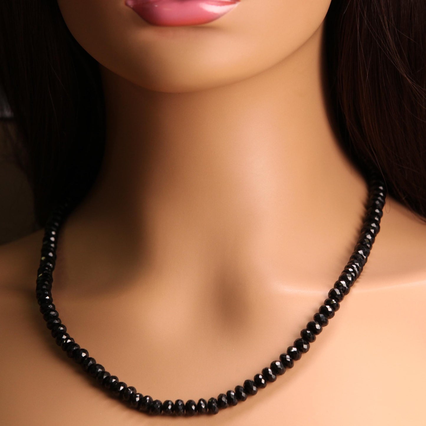 Natural Black Spinel 8-9mm large Micro Faceted Diamond Cut Necklace in Rhodium sterling Silver clasp Choker, Layering Necklace 14"- 36"