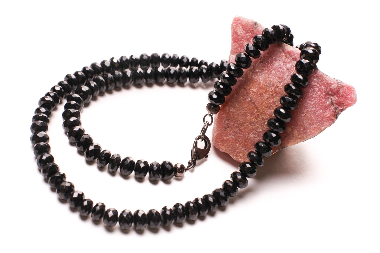 Natural Black Spinel 8-9mm large Micro Faceted Diamond Cut Necklace in Rhodium sterling Silver clasp Choker, Layering Necklace 14"- 36"