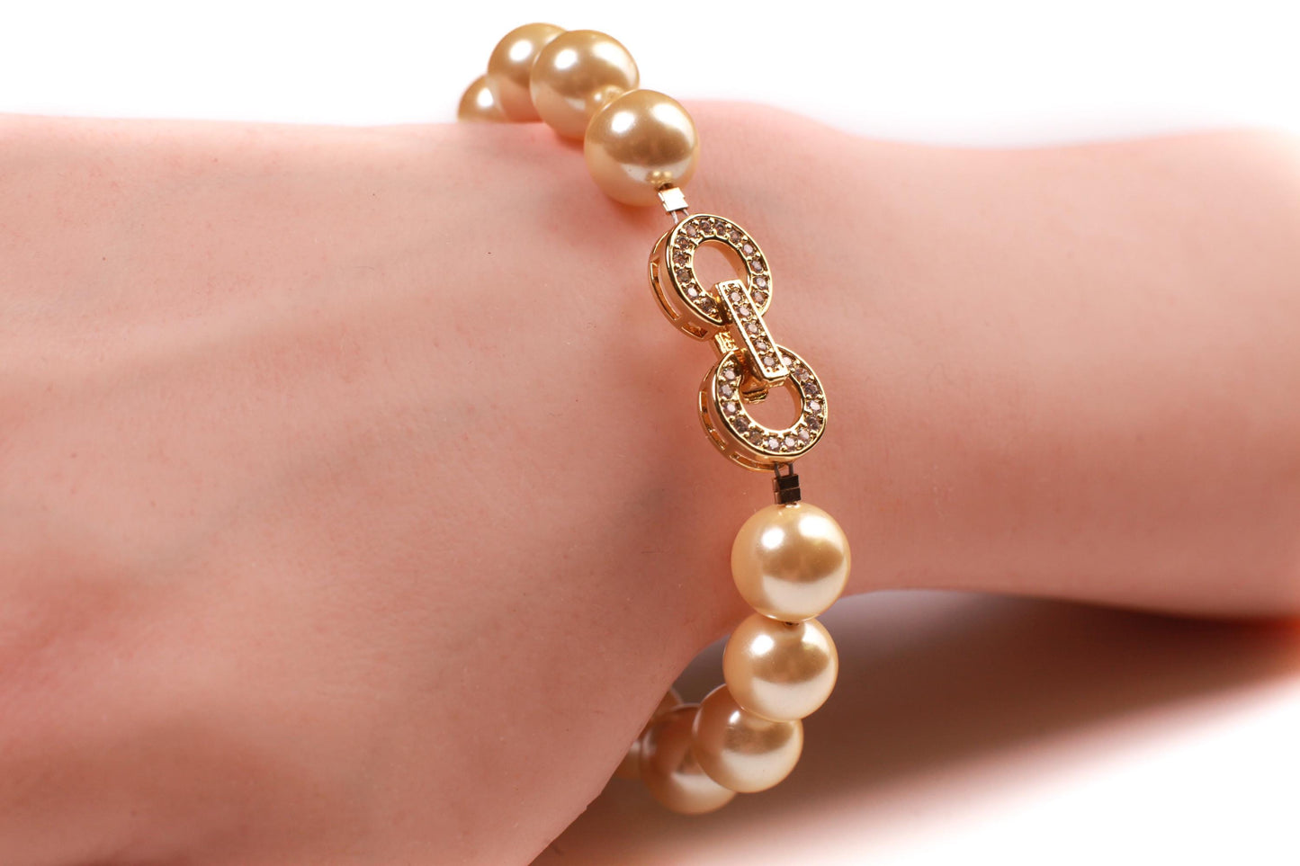 Golden Yellow South Sea Shell Pearl 8mm,10mm Bracelet Fancy CZ Diamond Gold Vermeil Foldable Clasp, Bridal, for Her, Each sold separately