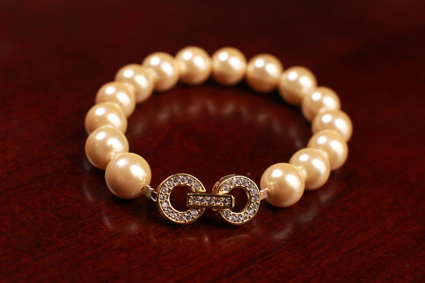 Golden Yellow South Sea Shell Pearl 8mm,10mm Bracelet Fancy CZ Diamond Gold Vermeil Foldable Clasp, Bridal, for Her, Each sold separately