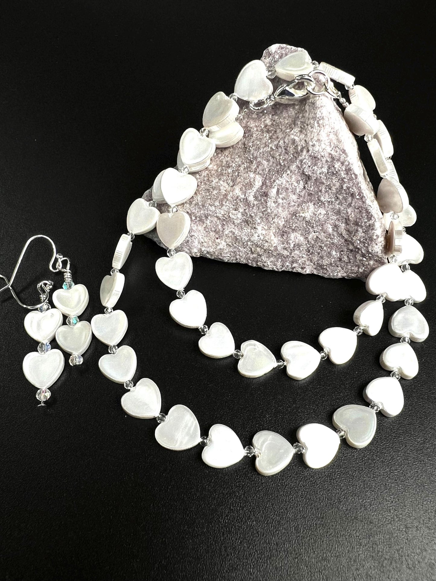 Genuine Freshwater Heart Shape Mother of Pearl with clear CZ spacer 925 Sterling Silver clasp and hook earrings set