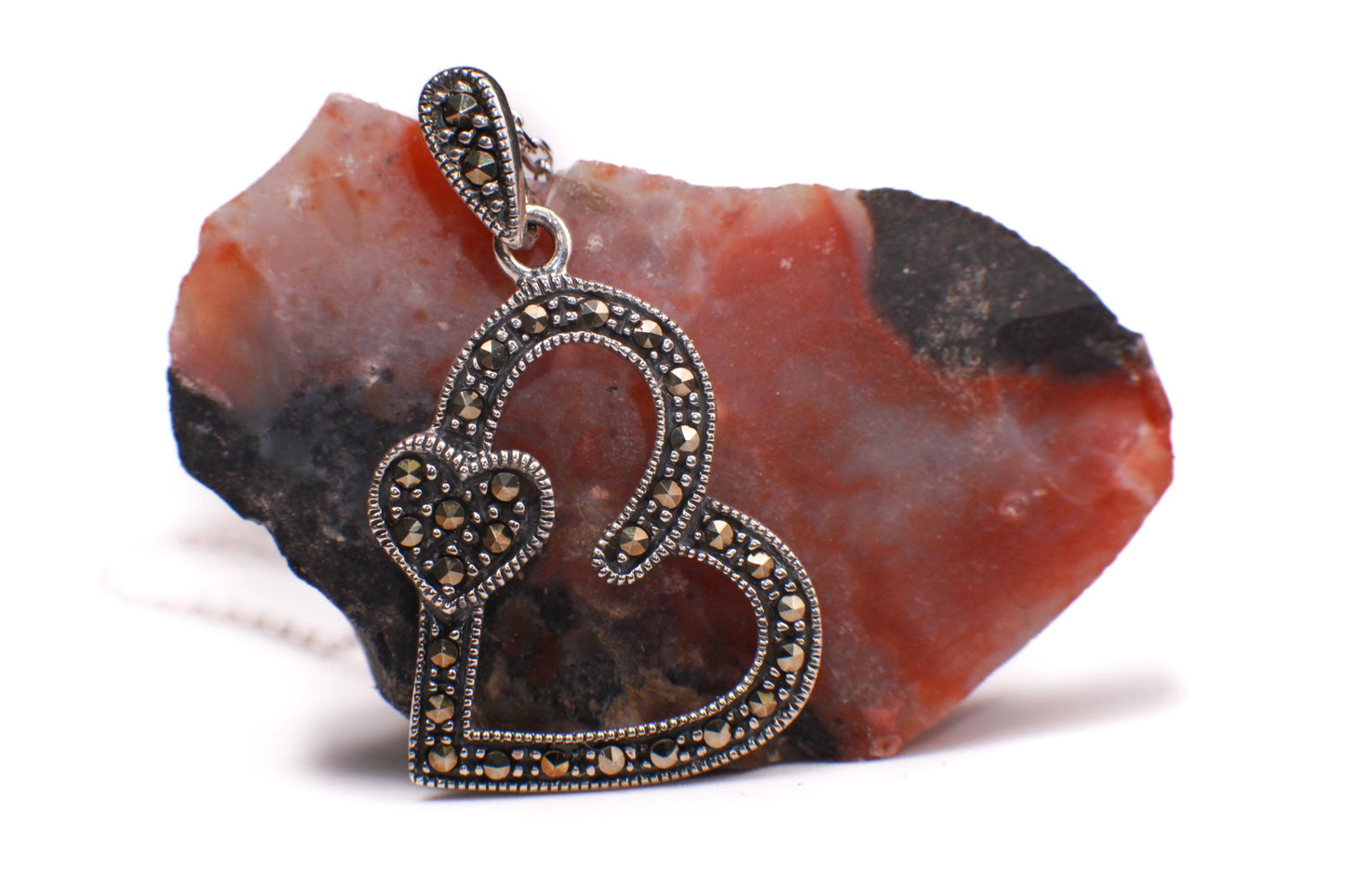 Vintage Marcasite 925 Sterling Silver Double Heart shape 22x20mm pendant with Rhodium Sterling Silver chain Vintage antique gift 925 stamped