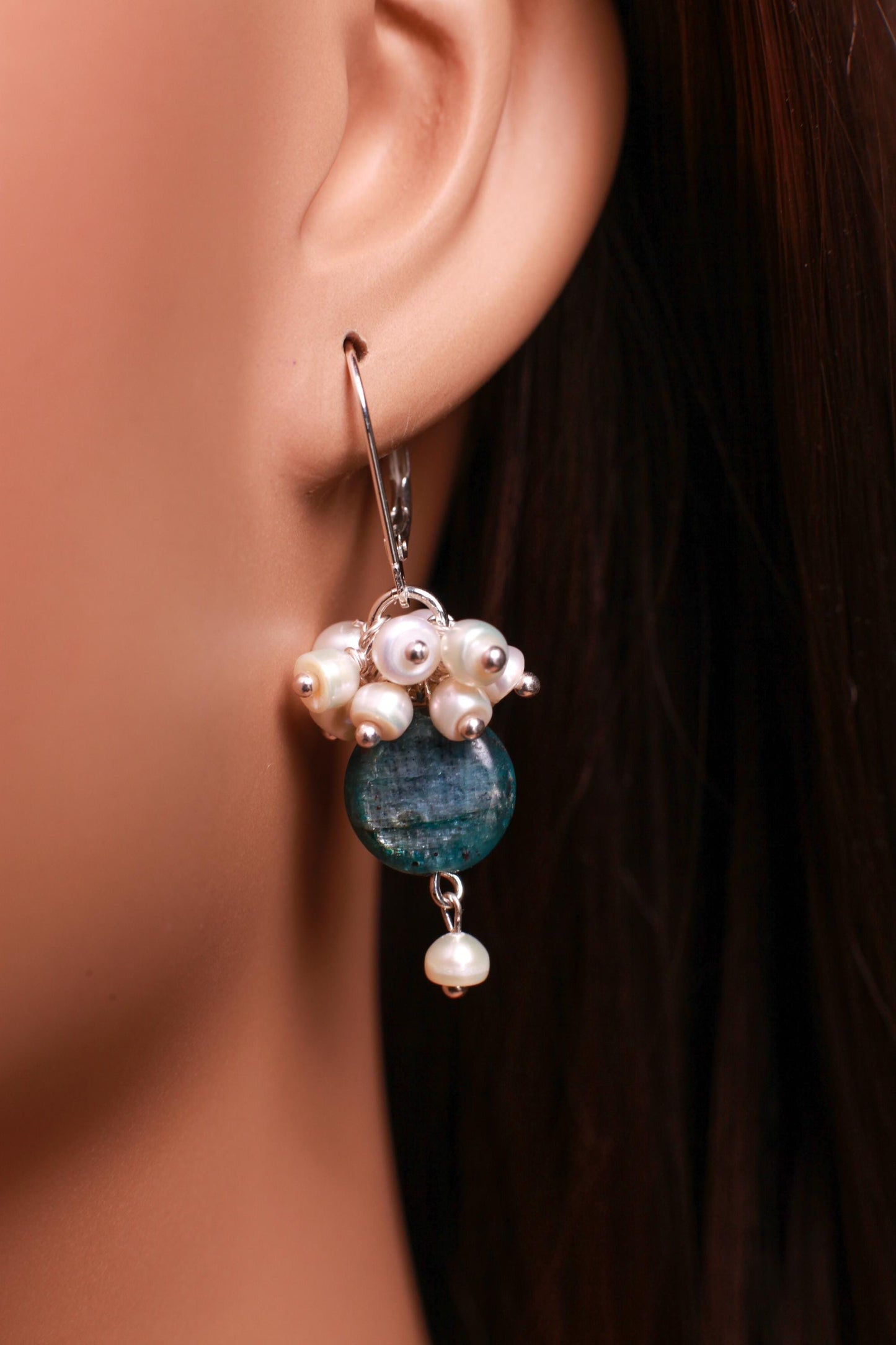 Natural Kyanite Coin Shape Dangling with Natural Fresh Water Pearl Clusters in .925 Sterling Silver Leverback Earring.