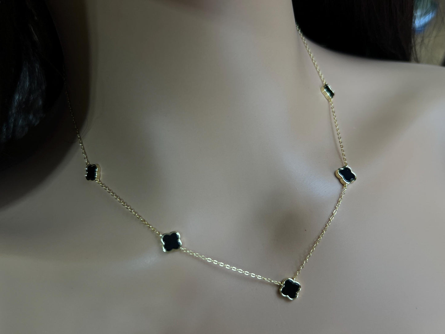925 Sterling Silver, 18k Gold Vermeil Clover Charm 8.5mm Natural Black Onyx lucky charm 5pcs Clover Adjustable 16”,17",18" 3 in 1 necklace