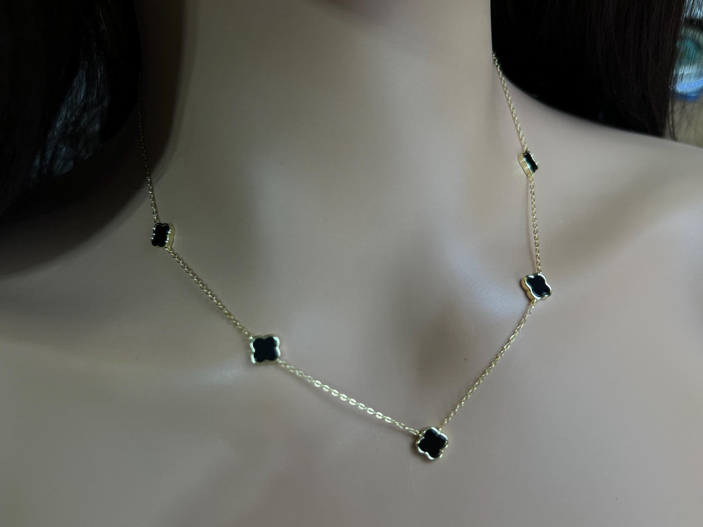 925 Sterling Silver, 18k Gold Vermeil Clover Charm 8.5mm Natural Black Onyx lucky charm 5pcs Clover Adjustable 16”,17",18" 3 in 1 necklace