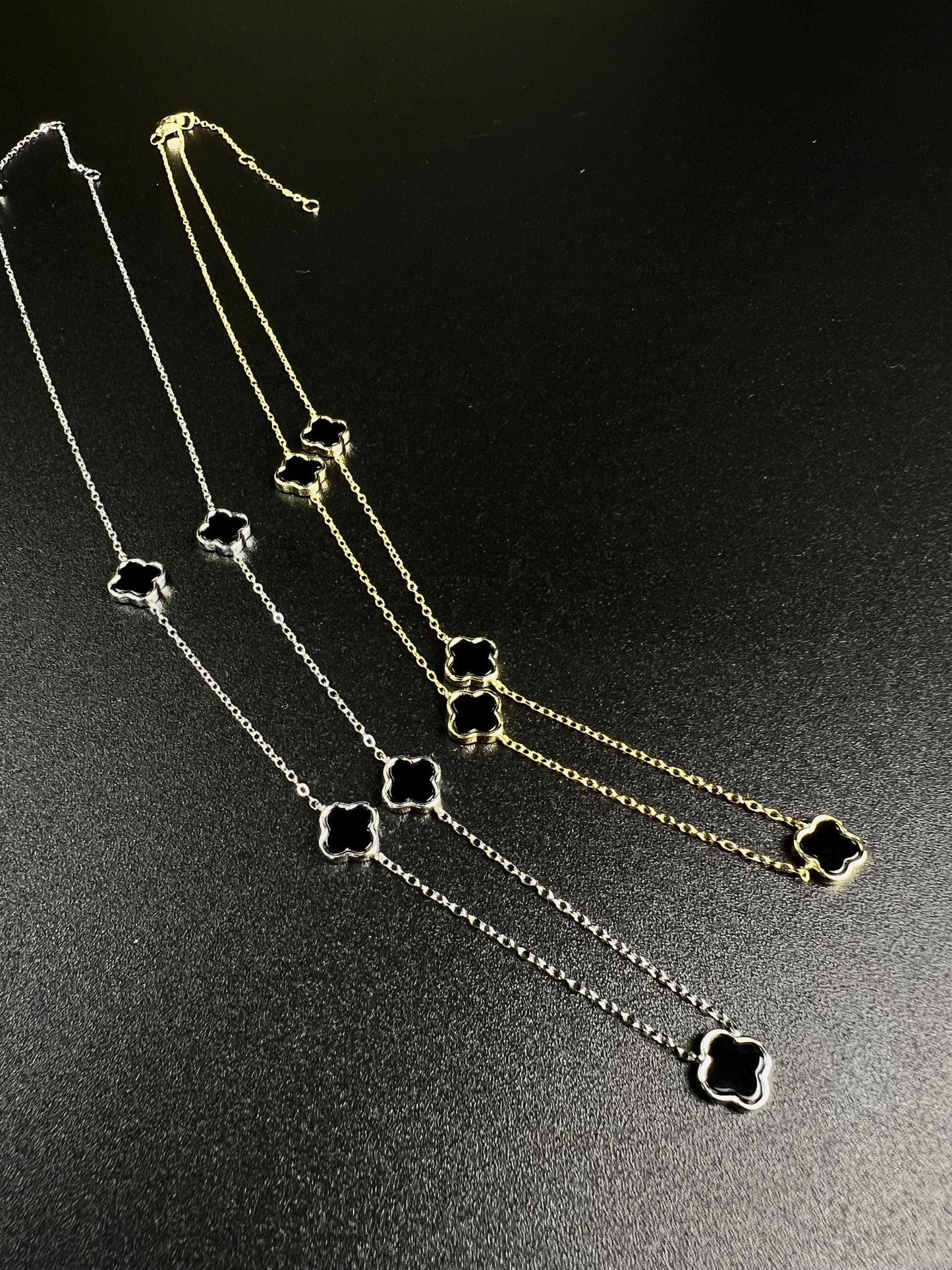 22K Gold Vermeil, 925 Sterling Silver, Flowers Charm 8.5mm Natural Black Onyx 5pcs Adjustable 16”,17",18" 3 in 1 necklace