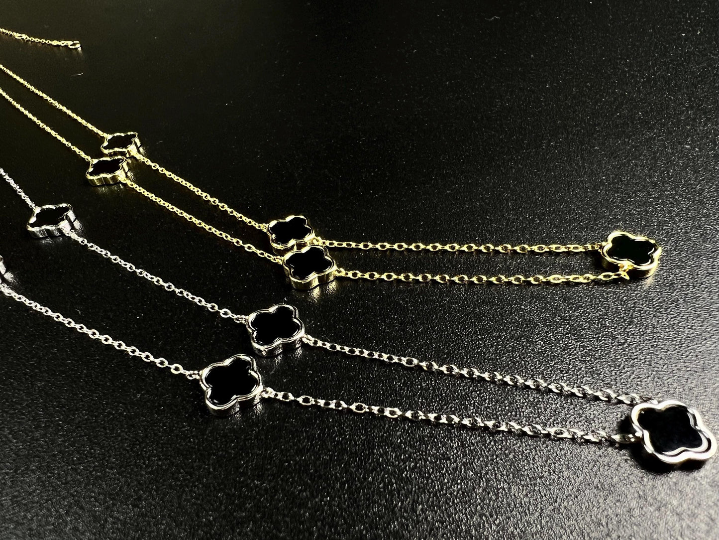 22K Gold Vermeil, 925 Sterling Silver, Flowers Charm 8.5mm Natural Black Onyx 5pcs Adjustable 16”,17",18" 3 in 1 necklace