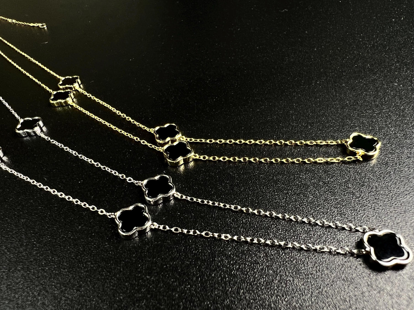 22K Gold Vermeil, 925 Sterling Silver, Flowers Charm 8.5mm Natural Black Onyx 5pcs Adjustable 16”,17",18" 3 in 1 necklace