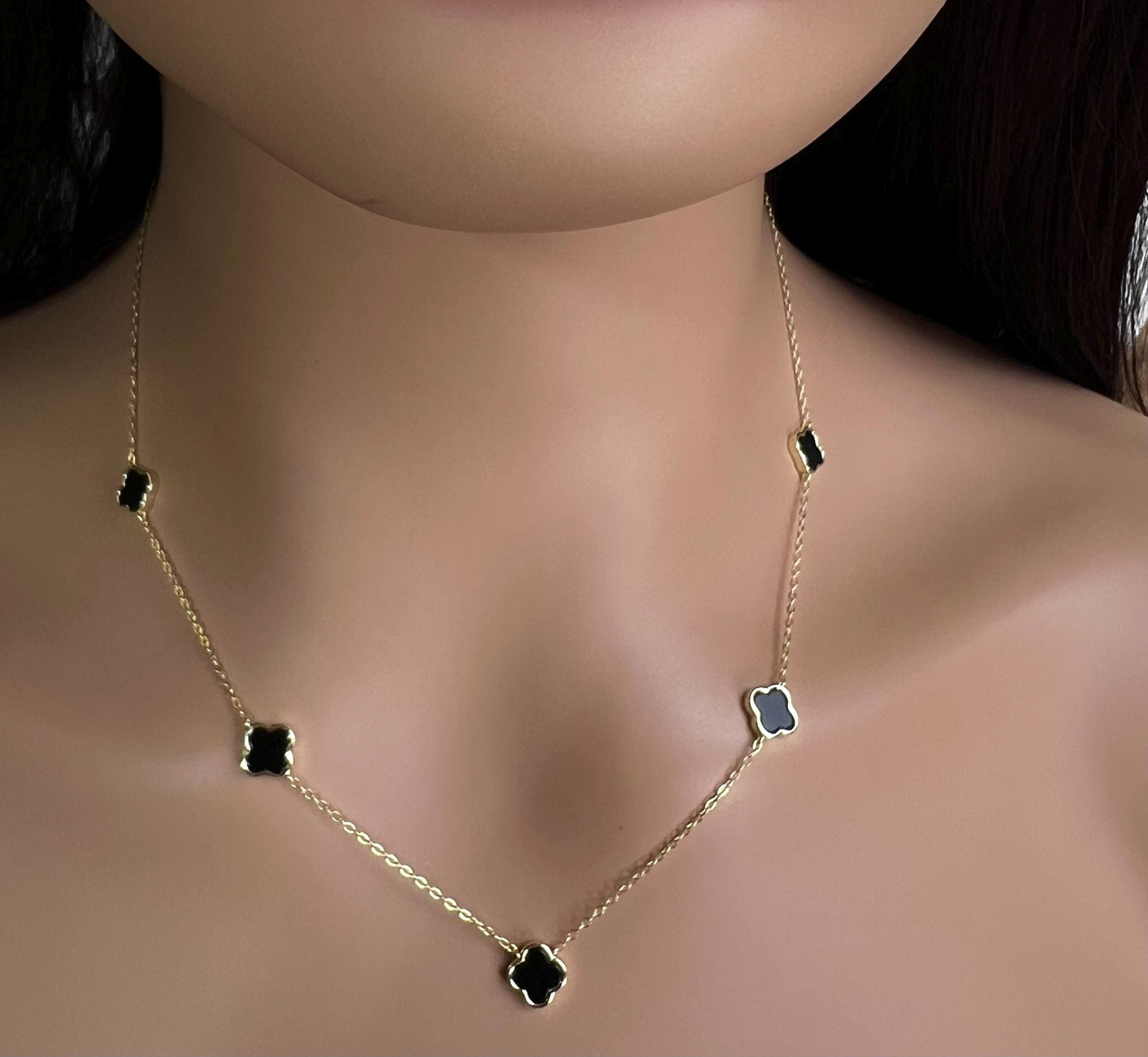 925 Sterling Silver, 18k Gold Vermeil Clover Charm 8.5mm Natural Black Onyx lucky charm 5pcs Clover Adjustable 16”,17",18" 3 in 1 necklace