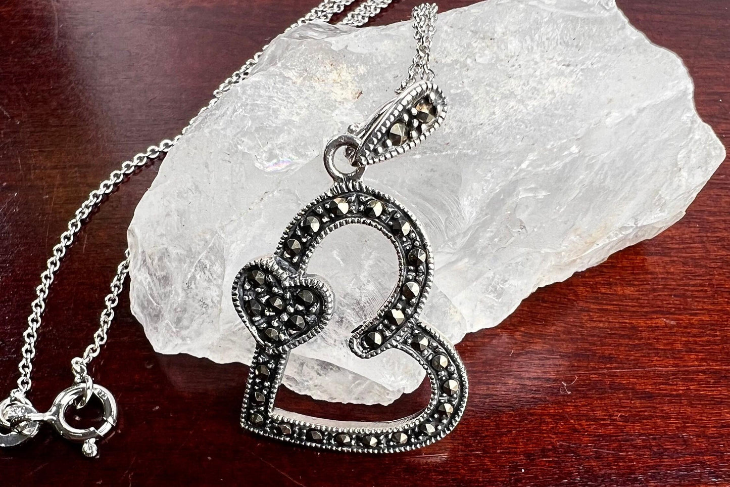 Vintage Marcasite 925 Sterling Silver Double Heart shape 22x20mm pendant with Rhodium Sterling Silver chain Vintage antique gift 925 stamped