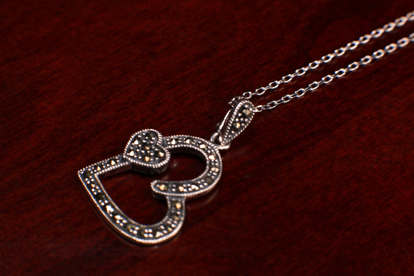 Vintage Marcasite 925 Sterling Silver Double Heart shape 22x20mm pendant with Rhodium Sterling Silver chain Vintage antique gift 925 stamped