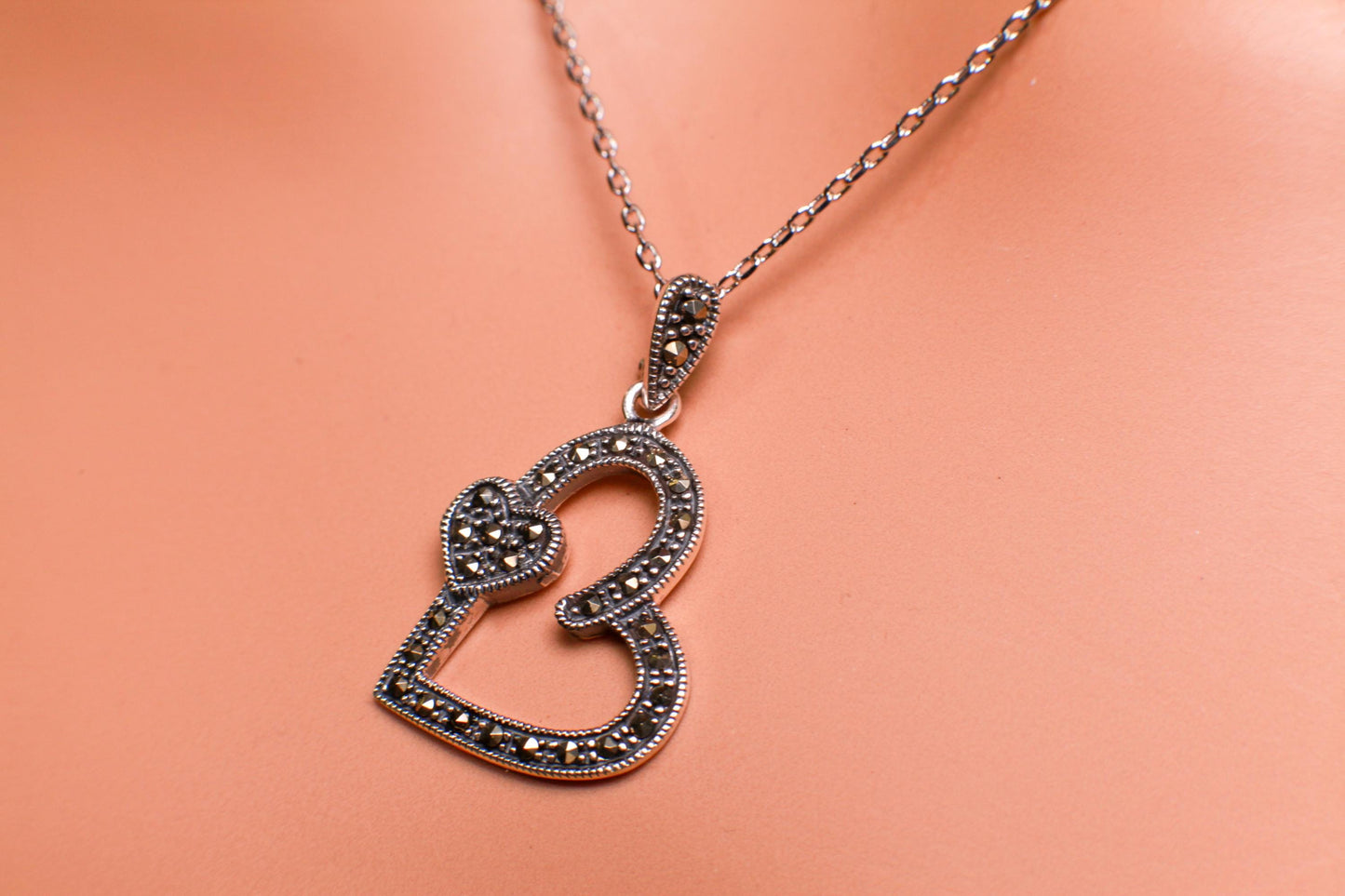 Vintage Marcasite 925 Sterling Silver Double Heart shape 22x20mm pendant with Rhodium Sterling Silver chain Vintage antique gift 925 stamped