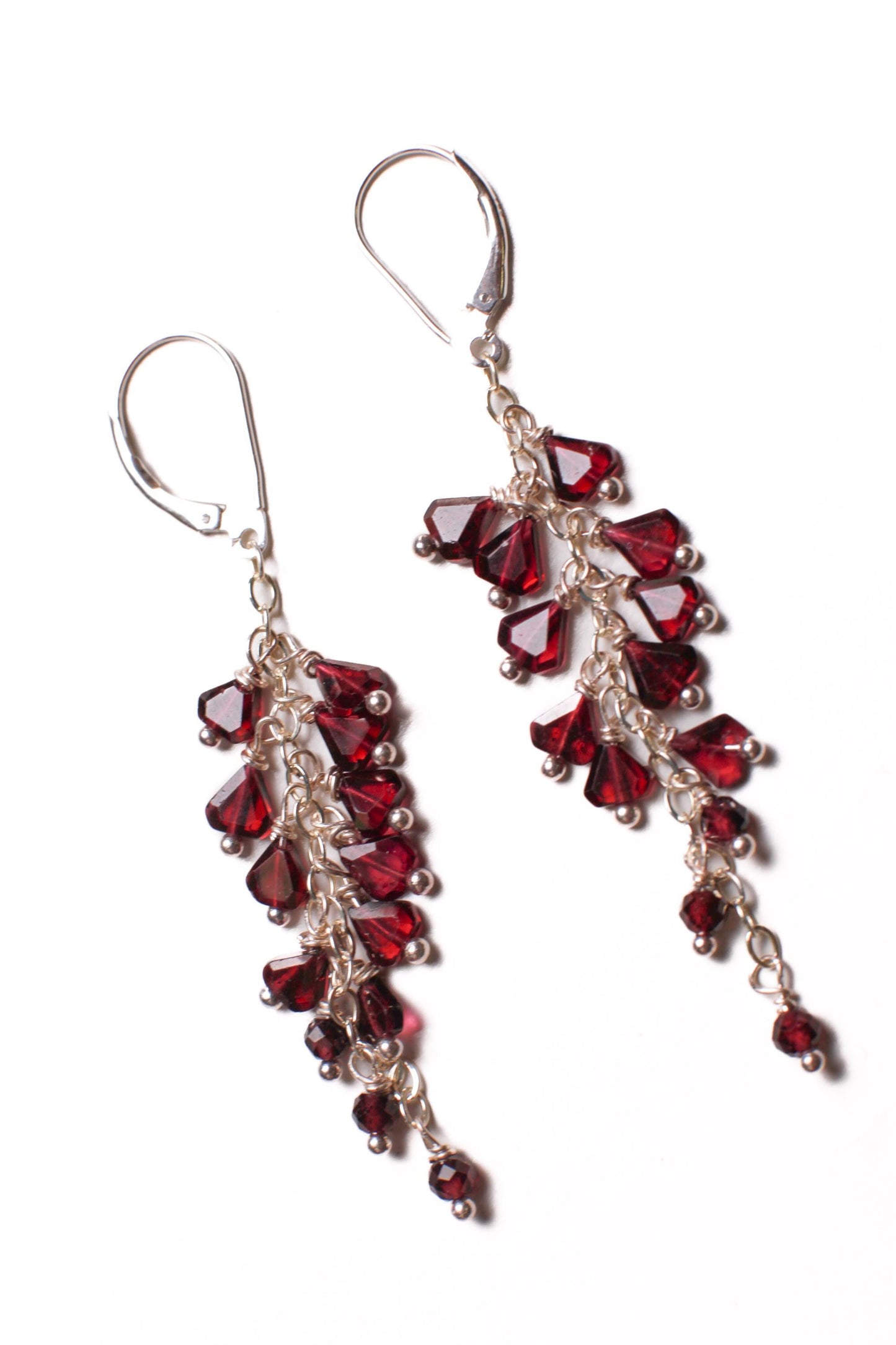 Genuine Garnet Faceted Merlot Red Cascade and Dangling Wire Wrap Handmade 14K Gold Filled or Sterling silver Leverback Earrings, Bridal gift