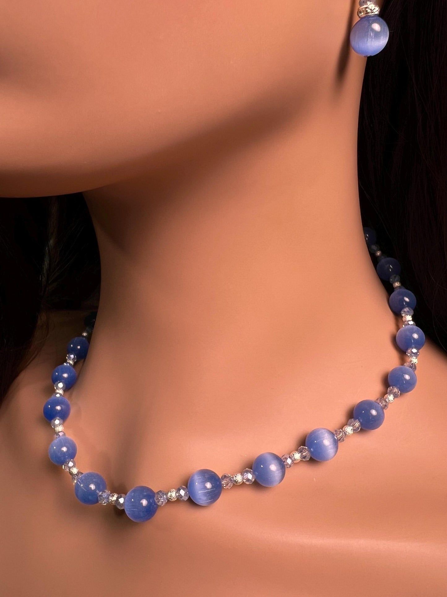 Blue Cat's Eye 10mm Smooth Round Choker, Silver Spacer Handmade Layering Necklace