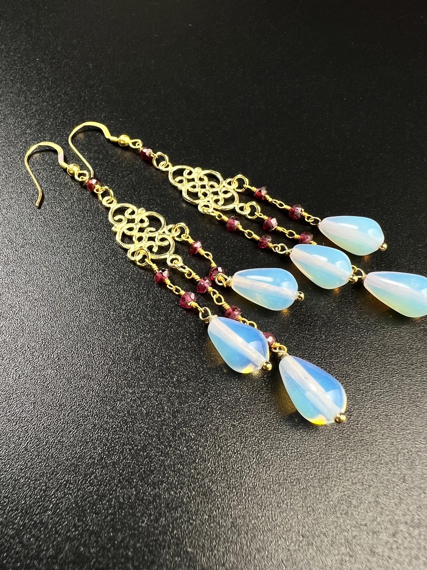 Genuine Opalite Faceted Briolette Drop 7x9mm Dangling with Garnet Rondelle wire wrapped 18K gold Vermeil Chandelier Earrings