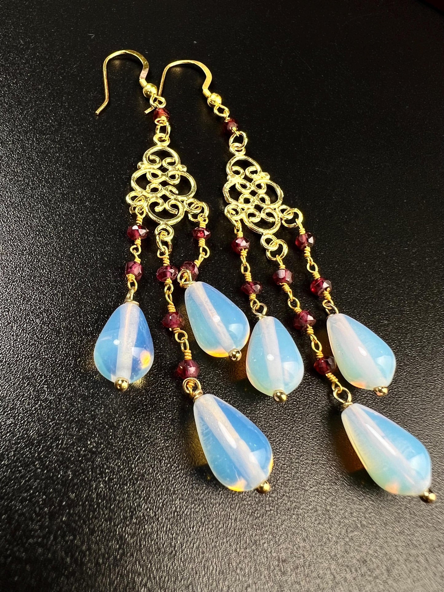 Genuine Opalite Faceted Briolette Drop 7x9mm Dangling with Garnet Rondelle wire wrapped 18K gold Vermeil Chandelier Earrings