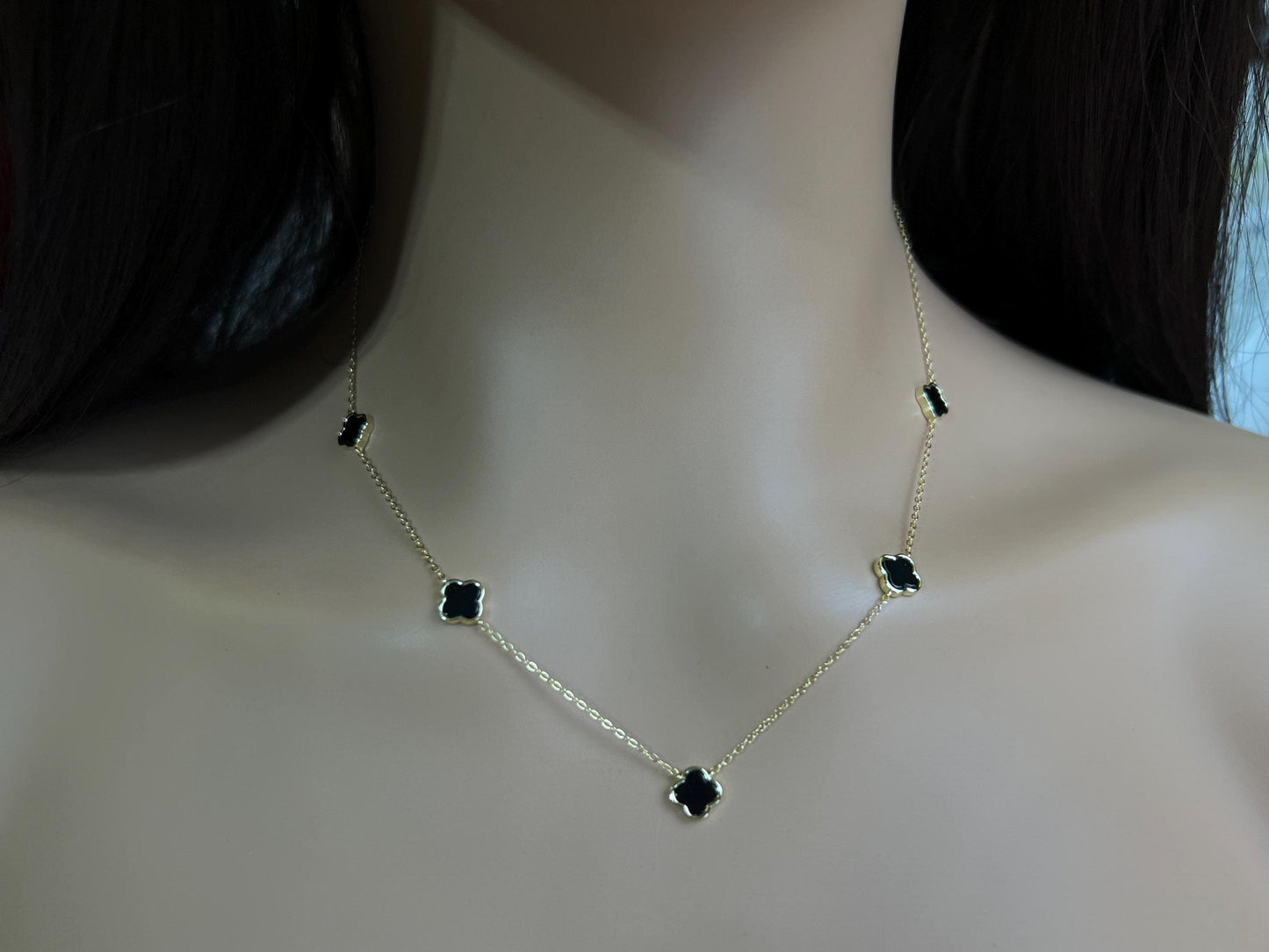 925 Sterling Silver, 18k Gold Vermeil Clover Charm 8.5mm Natural Black Onyx lucky charm 5pcs Clover Adjustable 16”,17",18" 3 in 1 necklace