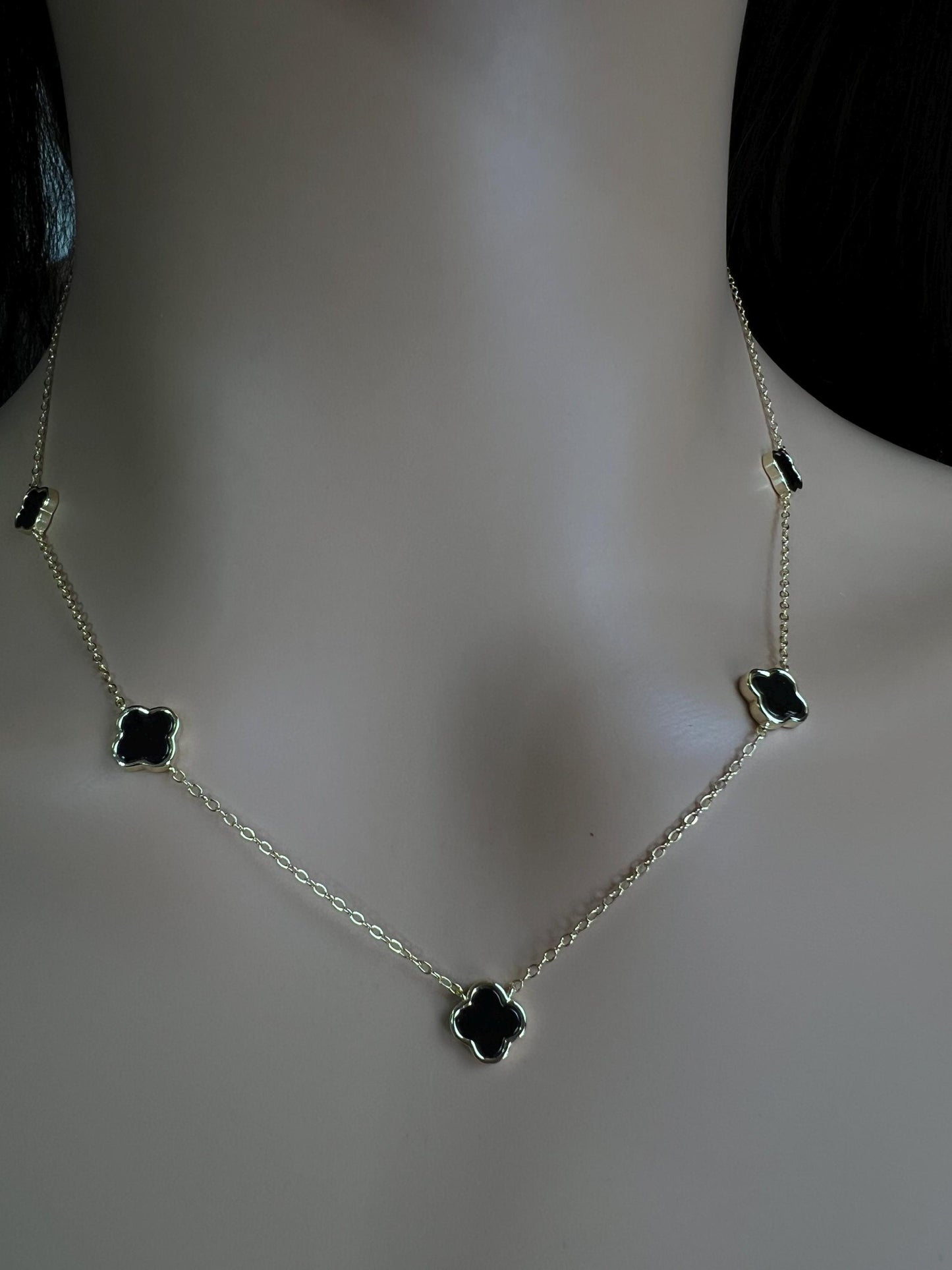 925 Sterling Silver, 18k Gold Vermeil Clover Charm 8.5mm Natural Black Onyx lucky charm 5pcs Clover Adjustable 16”,17",18" 3 in 1 necklace