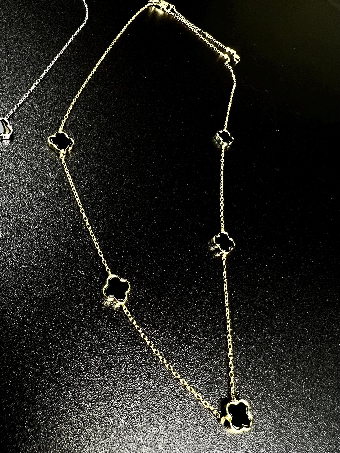 925 Sterling Silver, 18k Gold Vermeil Clover Charm 8.5mm Natural Black Onyx lucky charm 5pcs Clover Adjustable 16”,17",18" 3 in 1 necklace