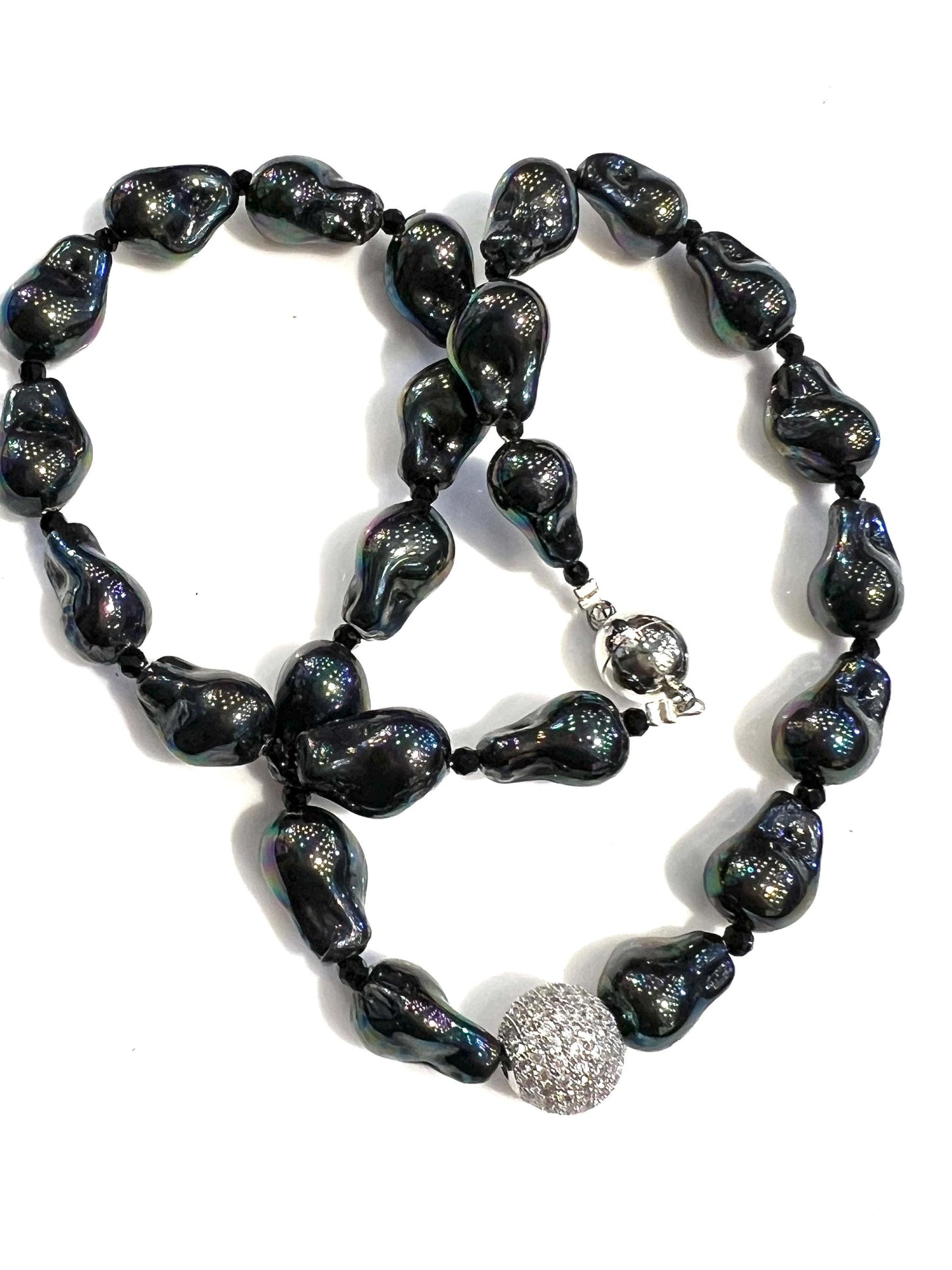 Black AB South Sea Shell Boruque Pearl 12x15mm large, CZ 12mm Diamond Ball front with mag clasp Statement Necklace, Party, Evening wear Gift