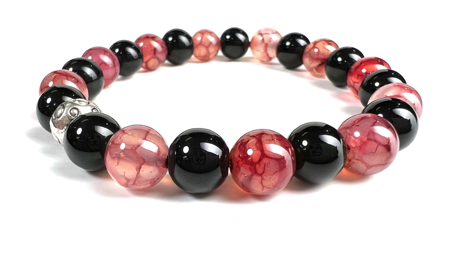 Red Dragon Vein Agate and Bkack Onyx 8mm Smooth Round Beaded Strawberry Color Bracelet