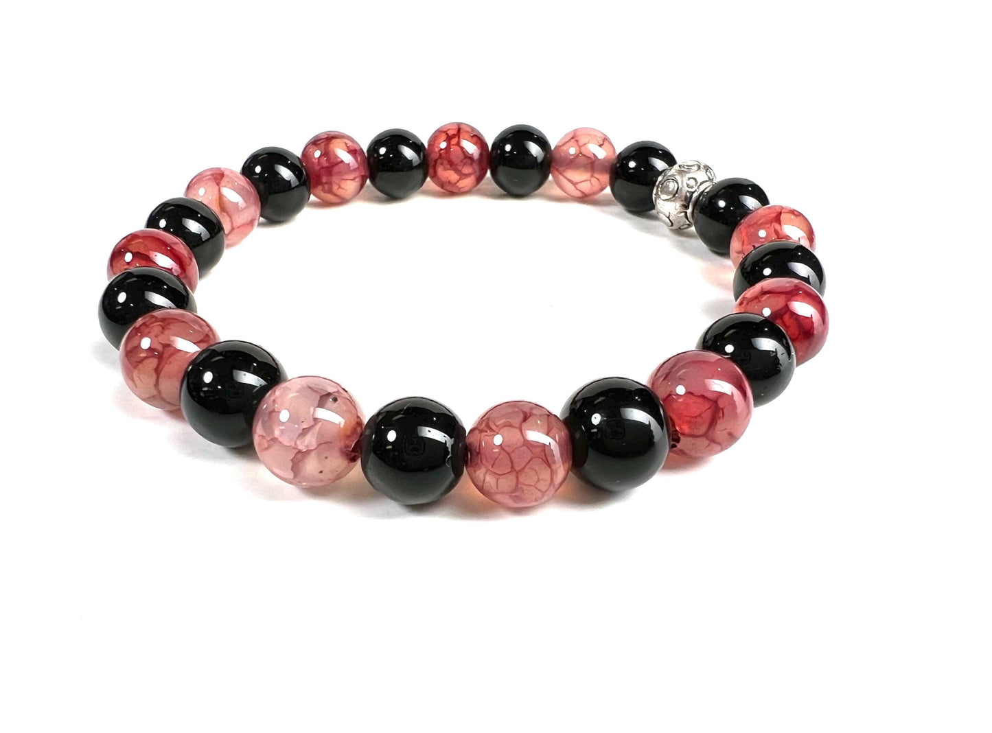 Red Dragon Vein Agate and Bkack Onyx 8mm Smooth Round Beaded Strawberry Color Bracelet