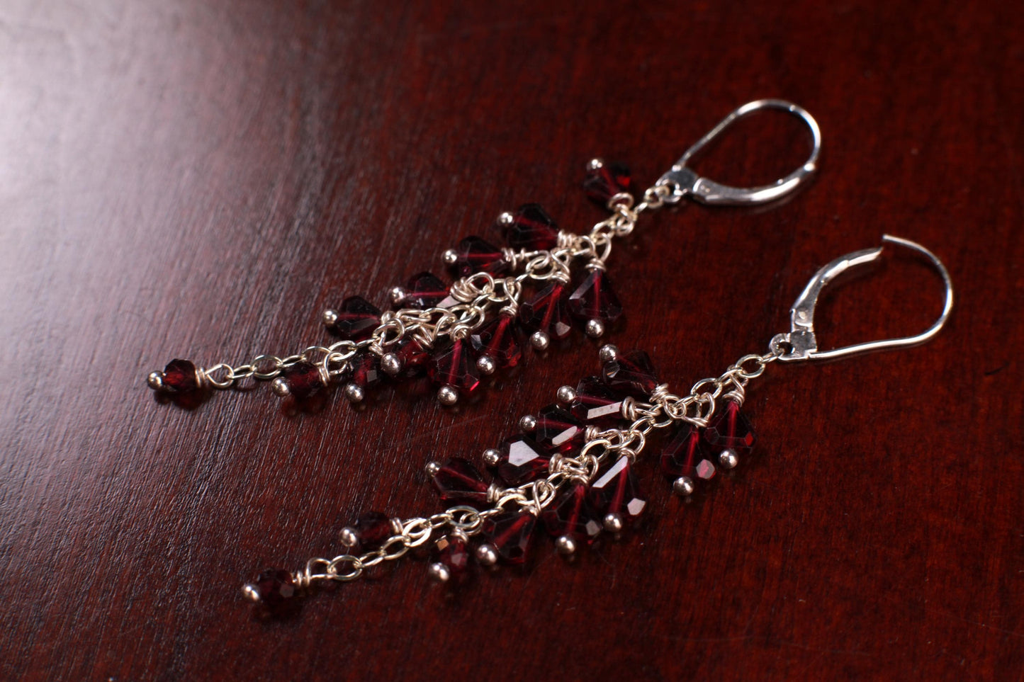 Genuine Garnet Faceted Merlot Red Cascade and Dangling Wire Wrap Handmade 14K Gold Filled or Sterling silver Leverback Earrings, Bridal gift