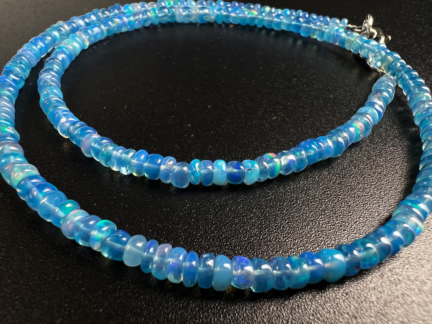 Genuine Ethiopian Fire Opal periwinkle Blue Welo Opal 3-3.5mm Roundel 925 Sterling Silver Necklace, AAA Quality Fiery Opal Jewelry