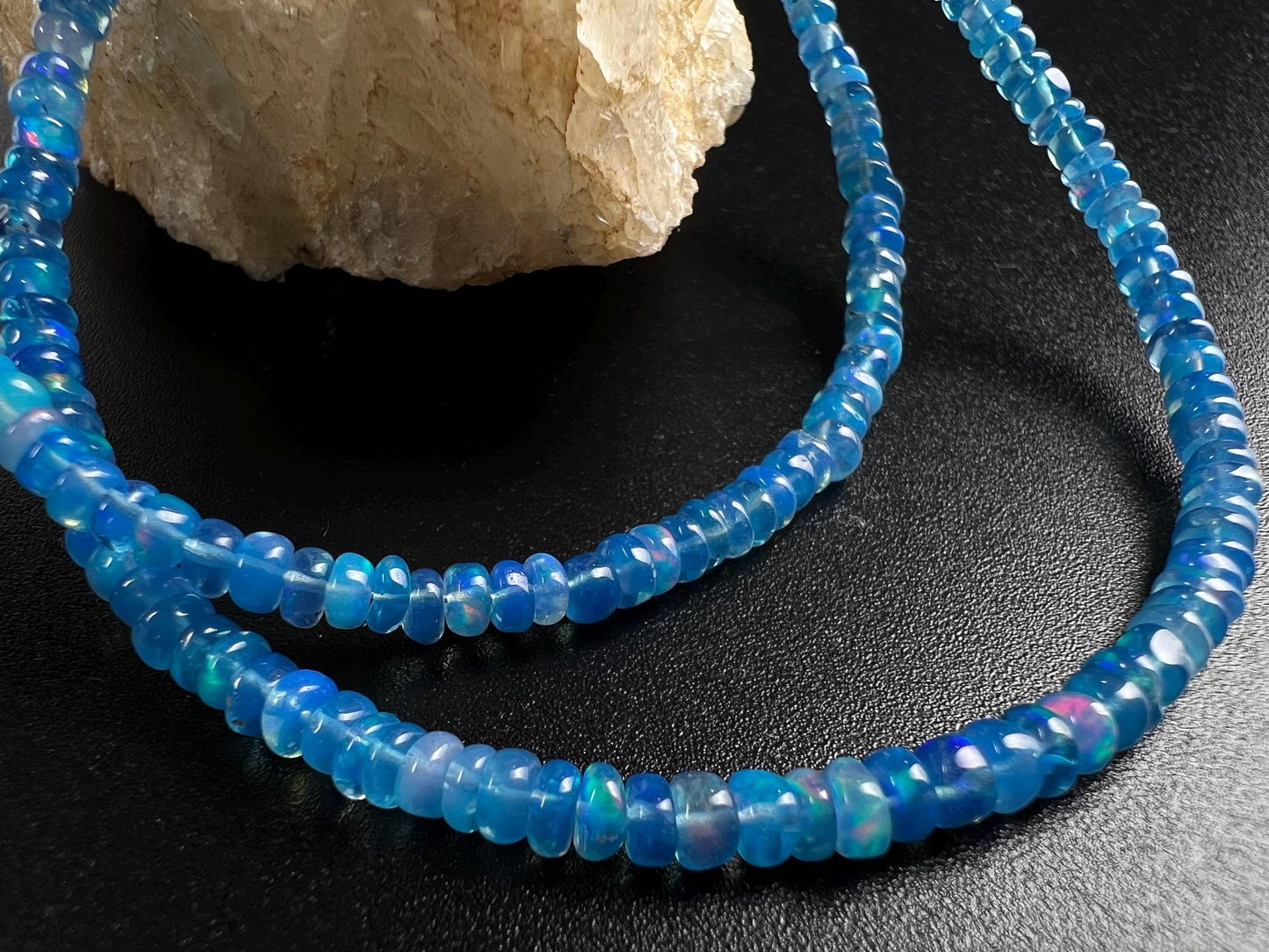 Genuine Ethiopian Fire Opal periwinkle Blue Welo Opal 3-3.5mm Roundel 925 Sterling Silver Necklace, AAA Quality Fiery Opal Jewelry