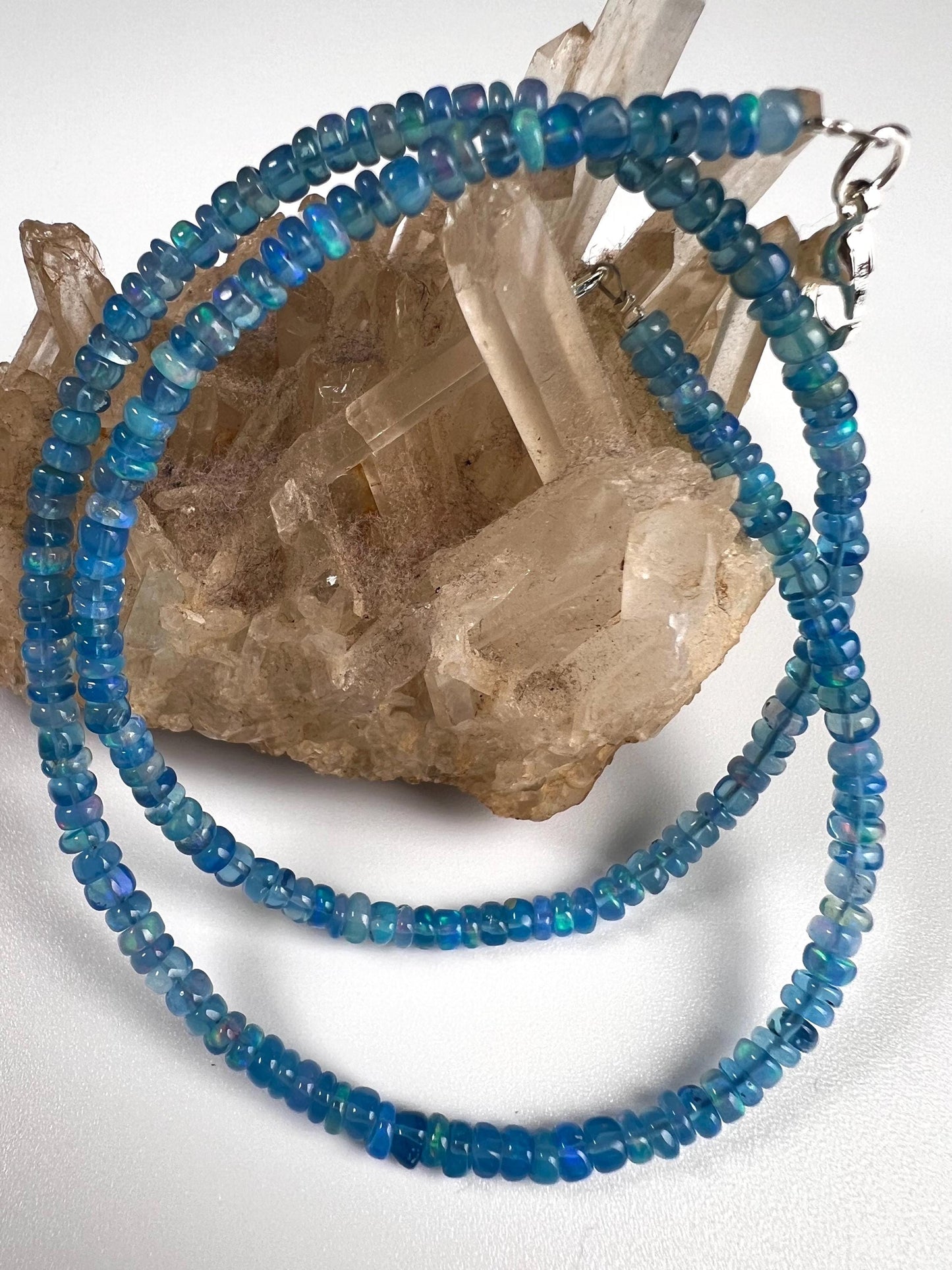 Genuine Ethiopian Fire Opal periwinkle Blue Welo Opal 3-3.5mm Roundel 925 Sterling Silver Necklace, AAA Quality Fiery Opal Jewelry