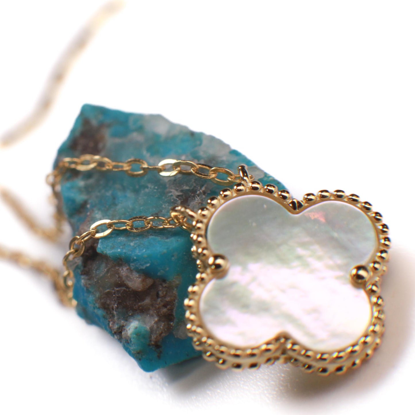 22K Gold Vermeil Sterling Silver White Mother of Pearl Double Sided 16mm four leaf Flower Charm 16” extend to 17” and 18” Necklace, Love