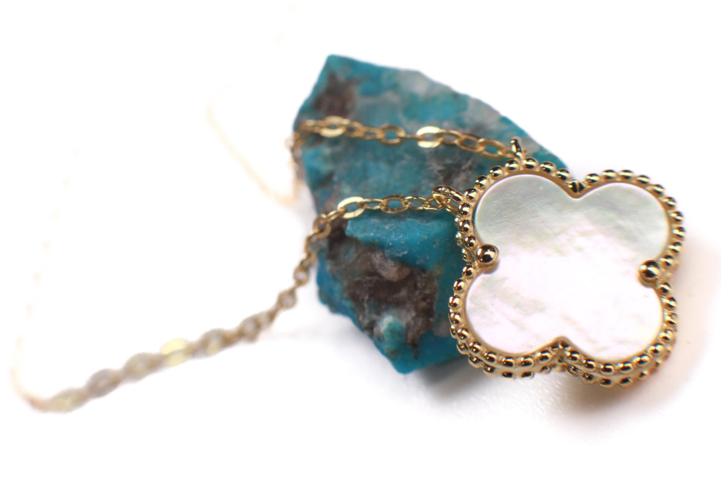 22K Gold Vermeil Sterling Silver White Mother of Pearl Double Sided 16mm four leaf Flower Charm 16” extend to 17” and 18” Necklace, Love