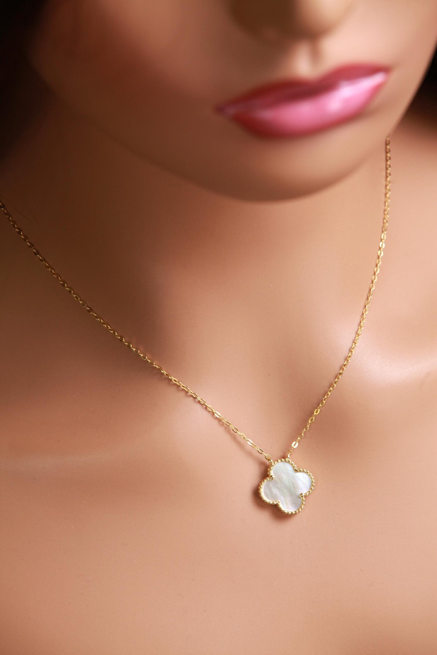 22K Gold Vermeil Sterling Silver White Mother of Pearl Double Sided 16mm four leaf Flower Charm 16” extend to 17” and 18” Necklace, Love