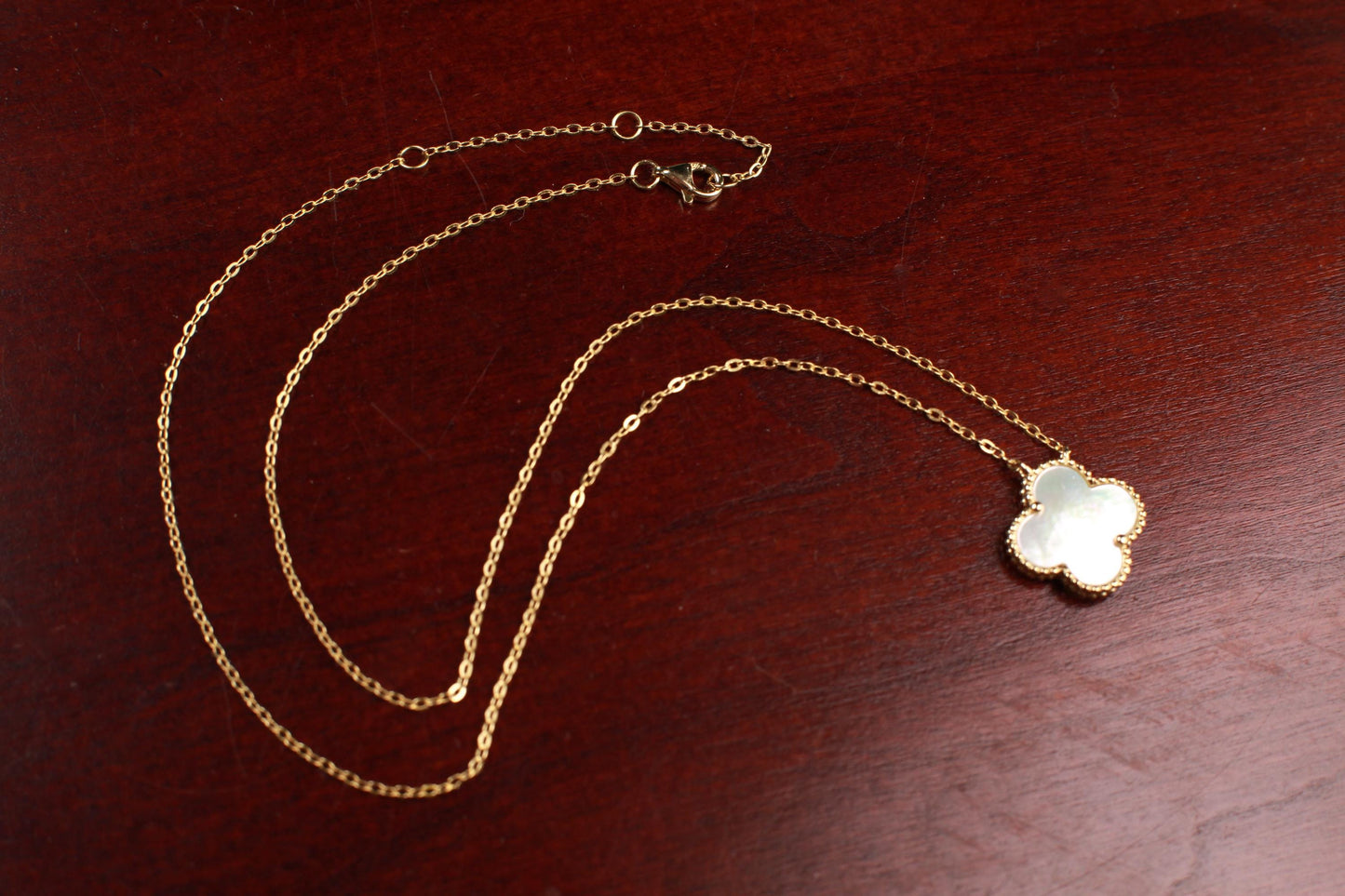 22K Gold Vermeil Sterling Silver White Mother of Pearl Double Sided 16mm four leaf Flower Charm 16” extend to 17” and 18” Necklace, Love