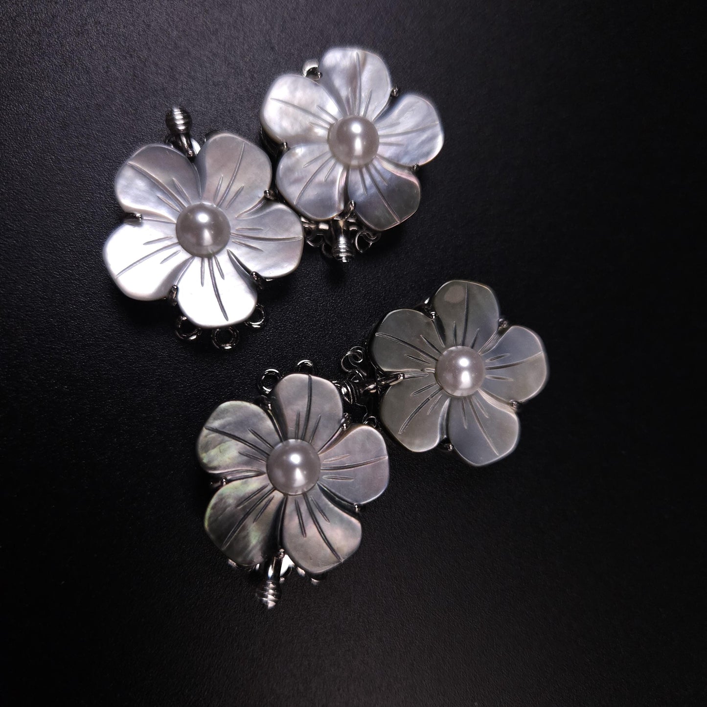 Mother of pearl clasp. Black Lip, White Mother of pearl 3 Loop Fancy Flower Clasp, Jewelry Making Rhodium 3 line Necklace Bracelet clasp
