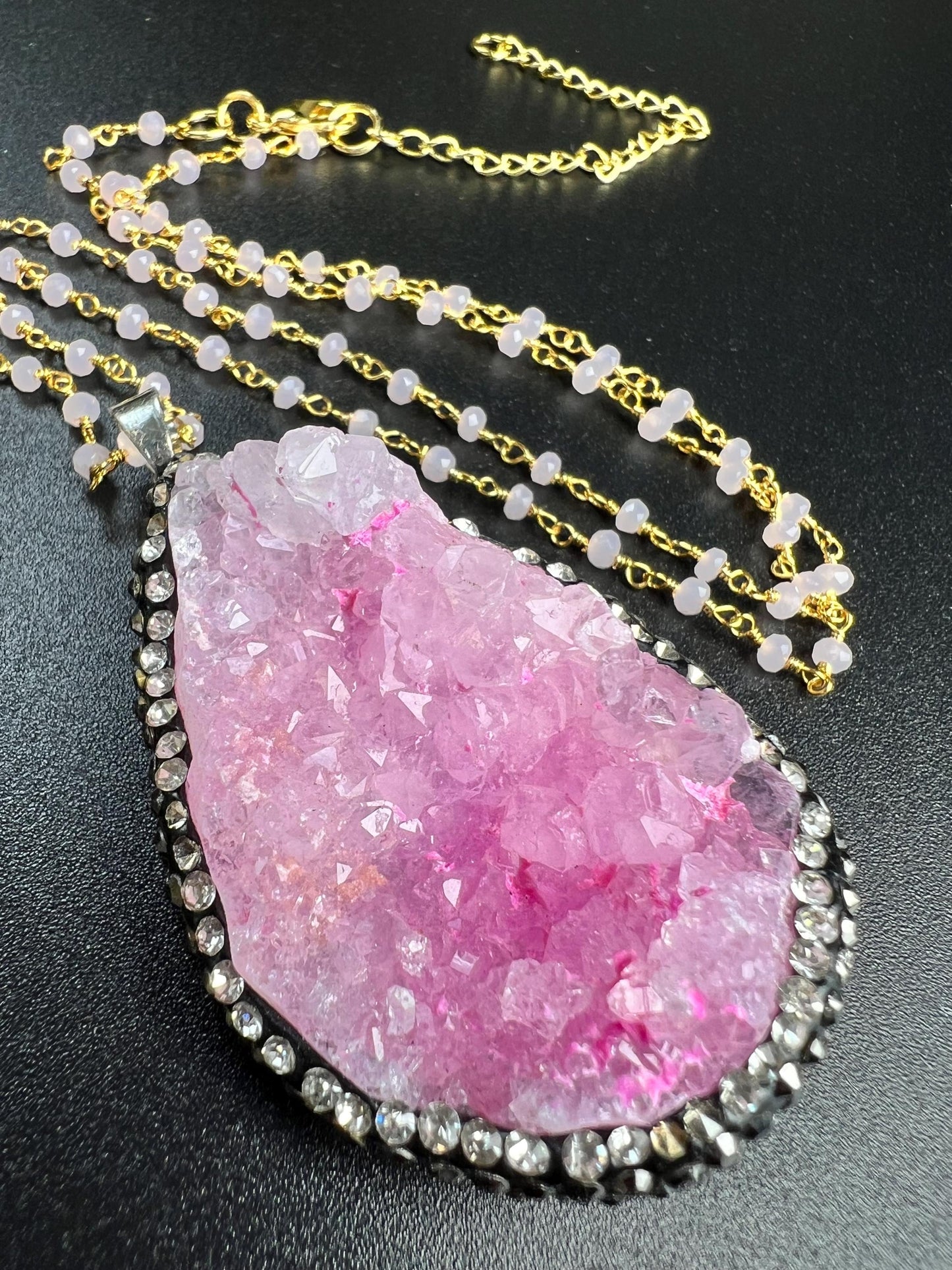 Druzy Agate Geode Pendant 35x52mm big,CZ Rhinestone Pave setting matching beaded chain 20” Necklace with 3" Extension