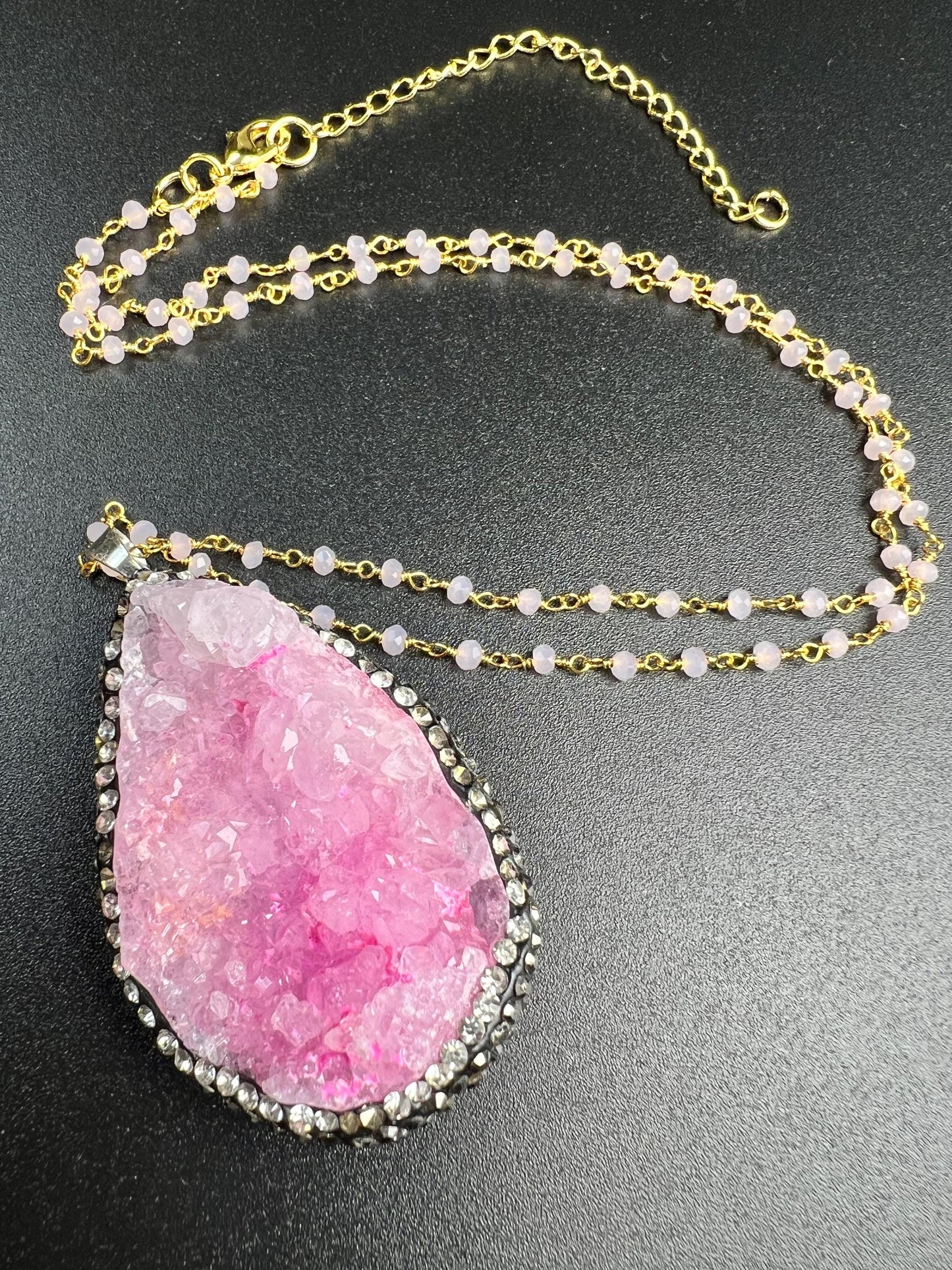 Druzy Agate Geode Pendant 35x52mm big,CZ Rhinestone Pave setting matching beaded chain 20” Necklace with 3" Extension