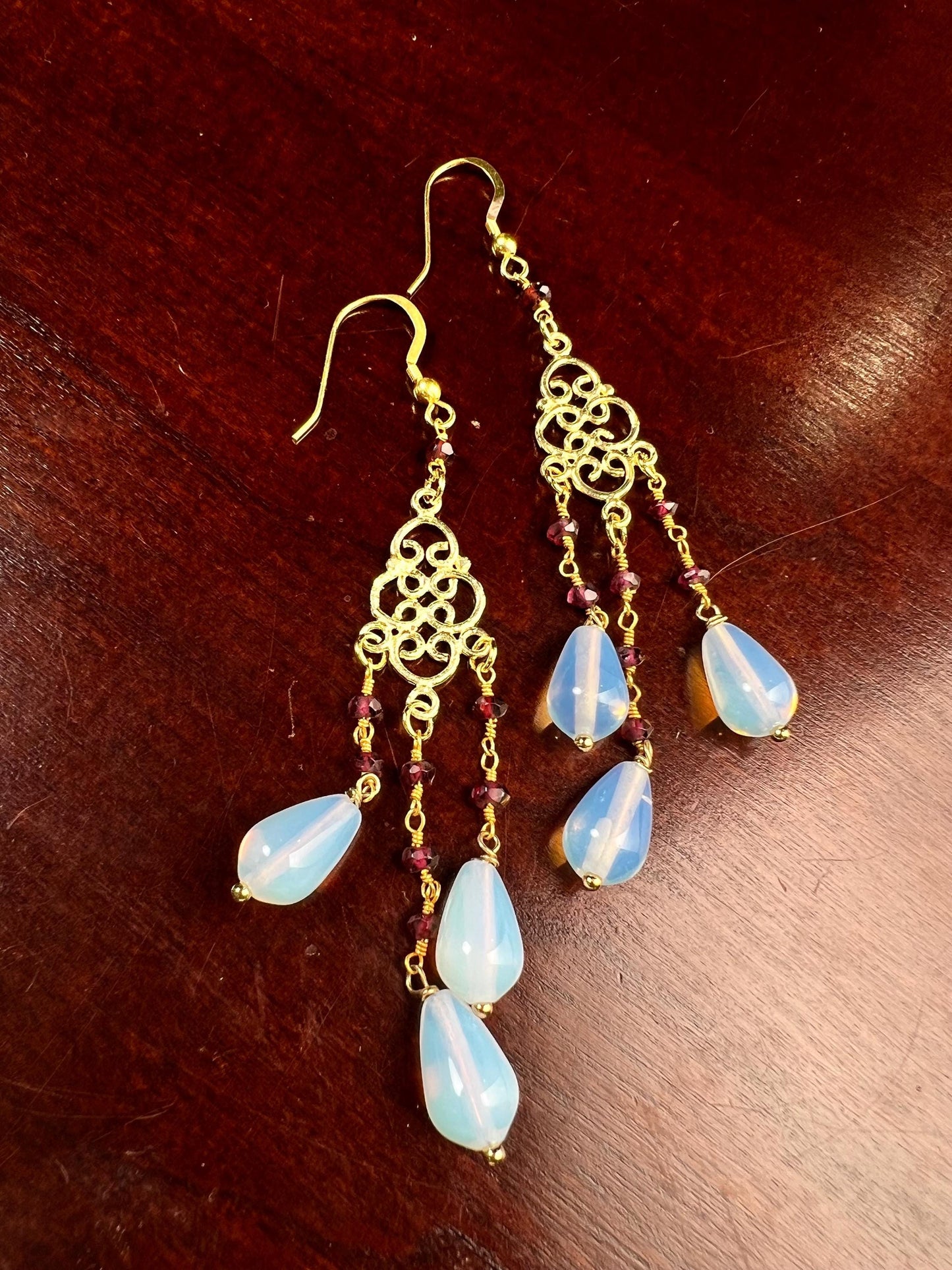 Genuine Opalite Faceted Briolette Drop 7x9mm Dangling with Garnet Rondelle wire wrapped 18K gold Vermeil Chandelier Earrings
