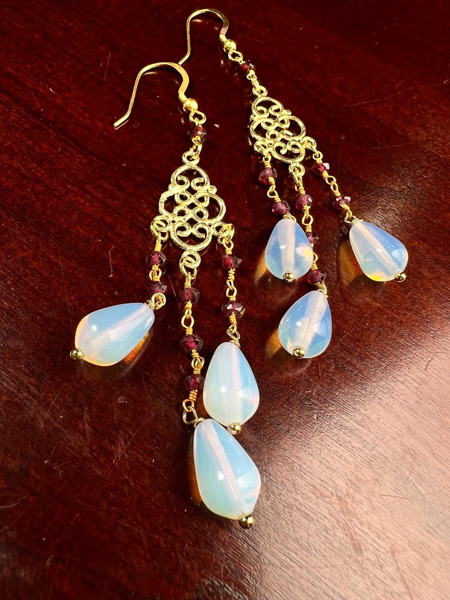 Genuine Opalite Faceted Briolette Drop 7x9mm Dangling with Garnet Rondelle wire wrapped 18K gold Vermeil Chandelier Earrings