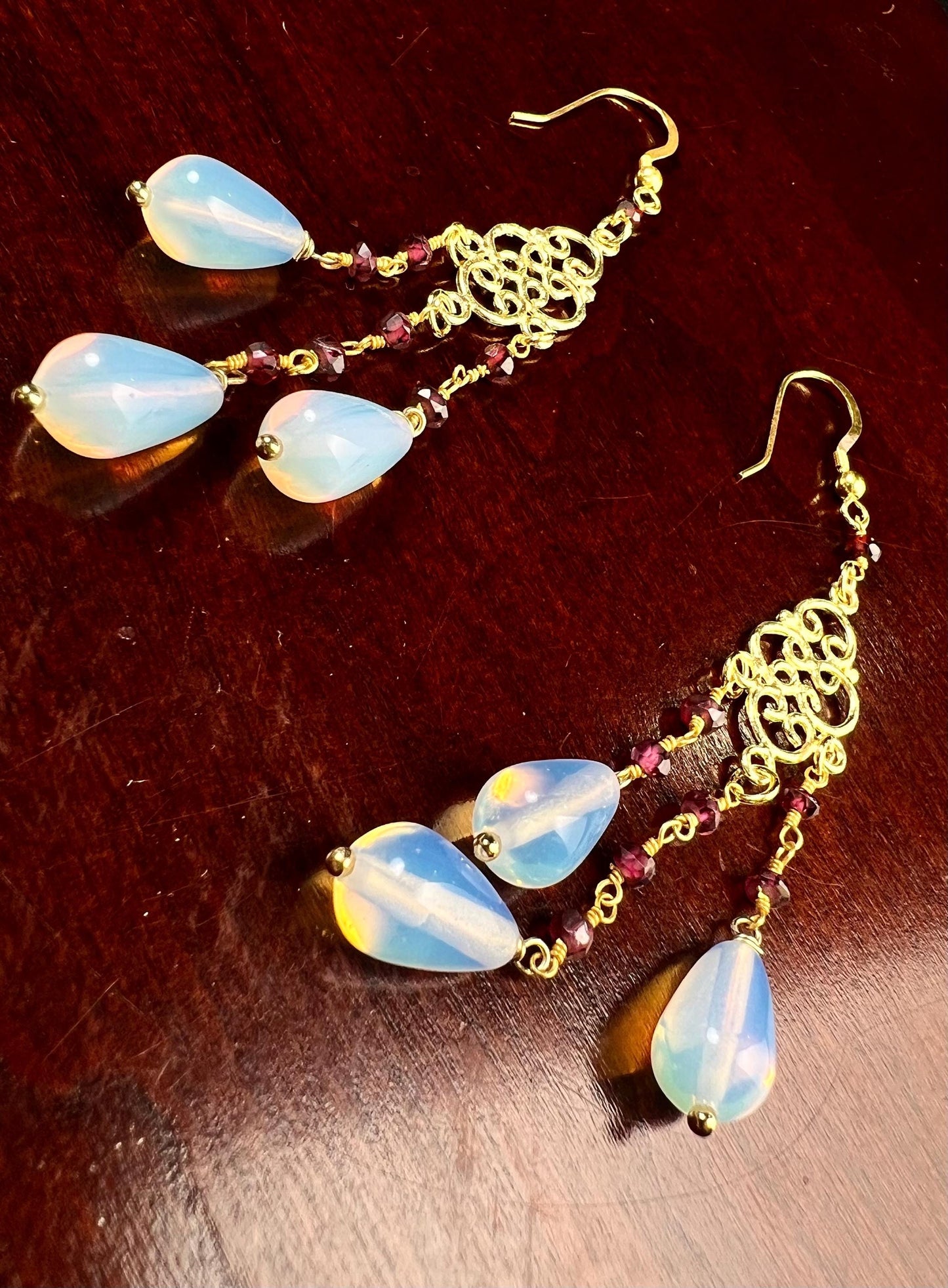 Genuine Opalite Faceted Briolette Drop 7x9mm Dangling with Garnet Rondelle wire wrapped 18K gold Vermeil Chandelier Earrings