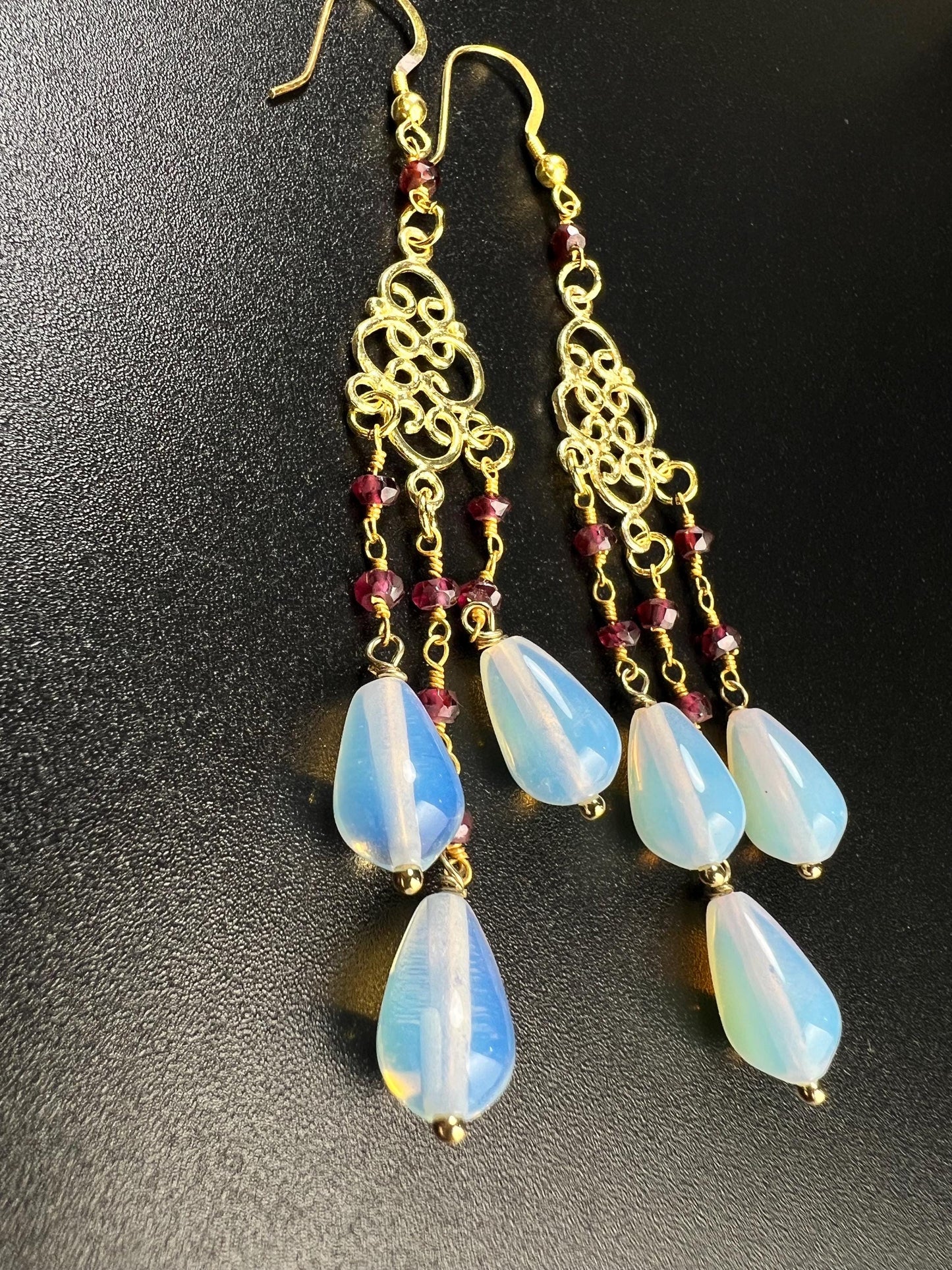 Genuine Opalite Faceted Briolette Drop 7x9mm Dangling with Garnet Rondelle wire wrapped 18K gold Vermeil Chandelier Earrings